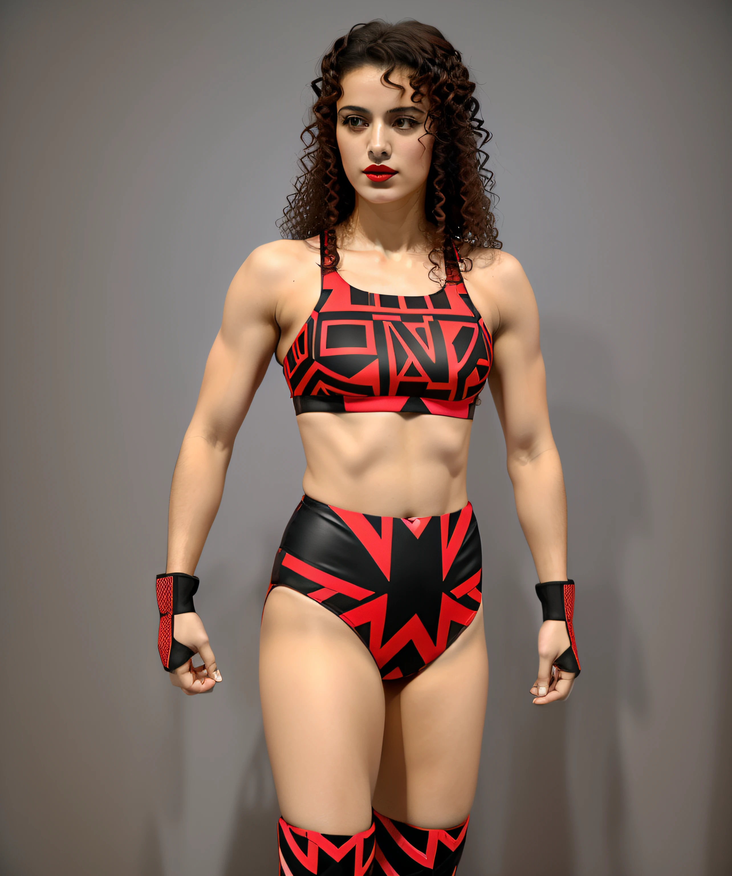 ((masterpiece, best quality)), Greek female wrestler with curly hair, in red and black geometric patterned sports bra that says "LINA", red and black geometric patterned (high cut) trunks, red and black partial gloves, red and black geometric patterned knee-pads, wearing lipstick, photo realistic, intricate details