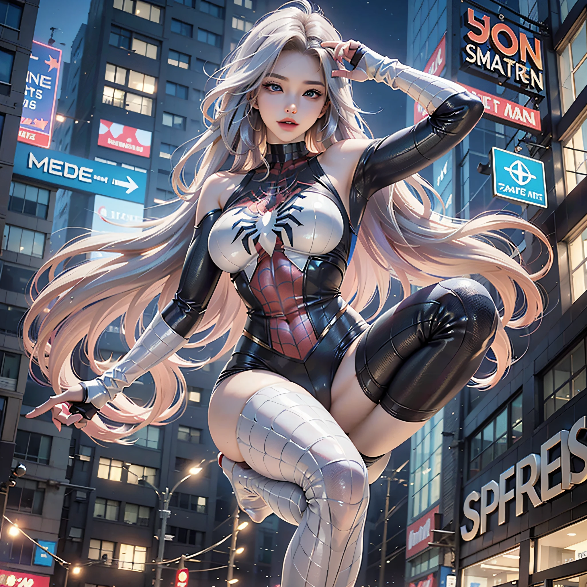 (Masterpiece, 4k resolution, ultra-realistic, very detailed), (White superhero theme, charismatic, there's a girl on top of town, wearing Spider-Man costume, she's a superhero), [ ((25 years), (long white hair:1.2), full body, (blue eyes:1.2), ((Spider-Man pose),show of strength, jumping from one building to another), ((sandy urban environment):0.8)| (cityscape, at night, dynamic lights), (full moon))] # Explanation: The Prompt mainly describes a 4K painting of ultra-high definition, very realistic, very detailed. It shows a superheroine at the top of the city, wearing a Spider-Man costume. The theme in the painting is a white superhero theme, the female protagonist has long white hair, is 25 years old and her entire body is shown in the painting. In terms of portraying the actions of superheroines, spiders are employed
