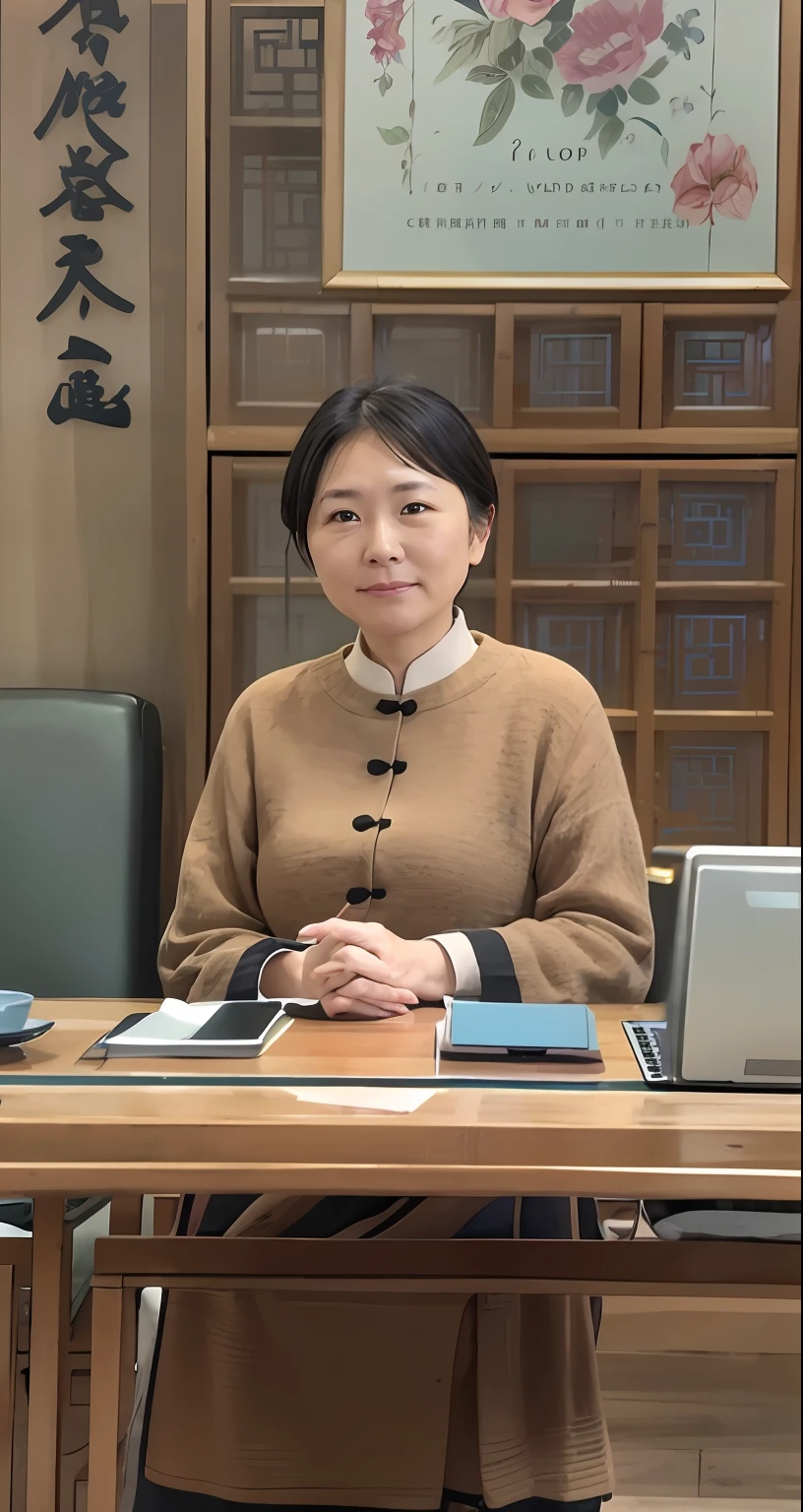 Live photo of middle-aged working women in China,short detailed hair,二重まぶた,Fair skin and temperament,Sit at the reception table,Casual professional wear