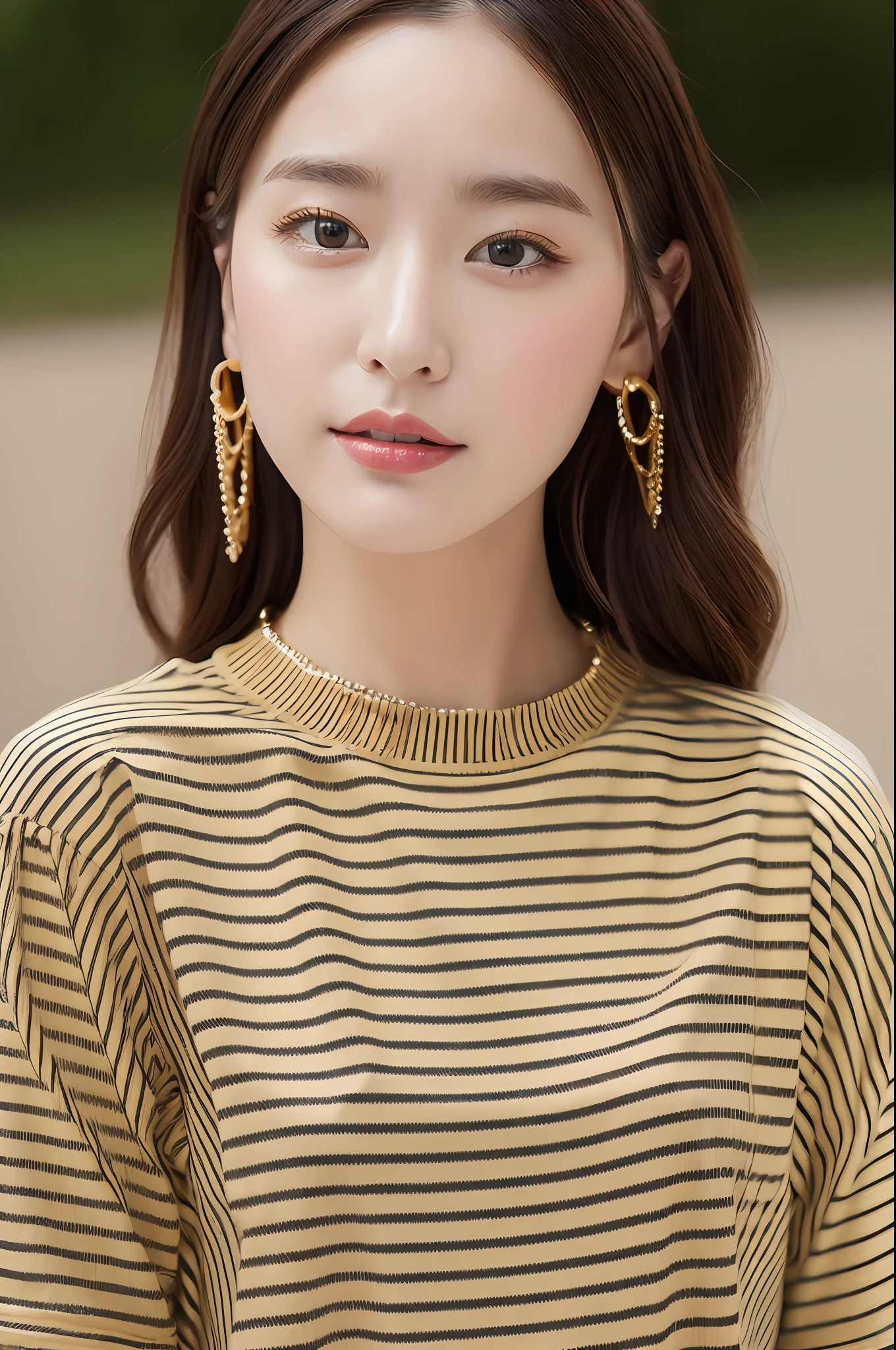 Solo, 8K best quality, Masterpiece, photograph realistic, Super detail, Casual pretty girl wearing loose striped t-shirt, Layered gold chain