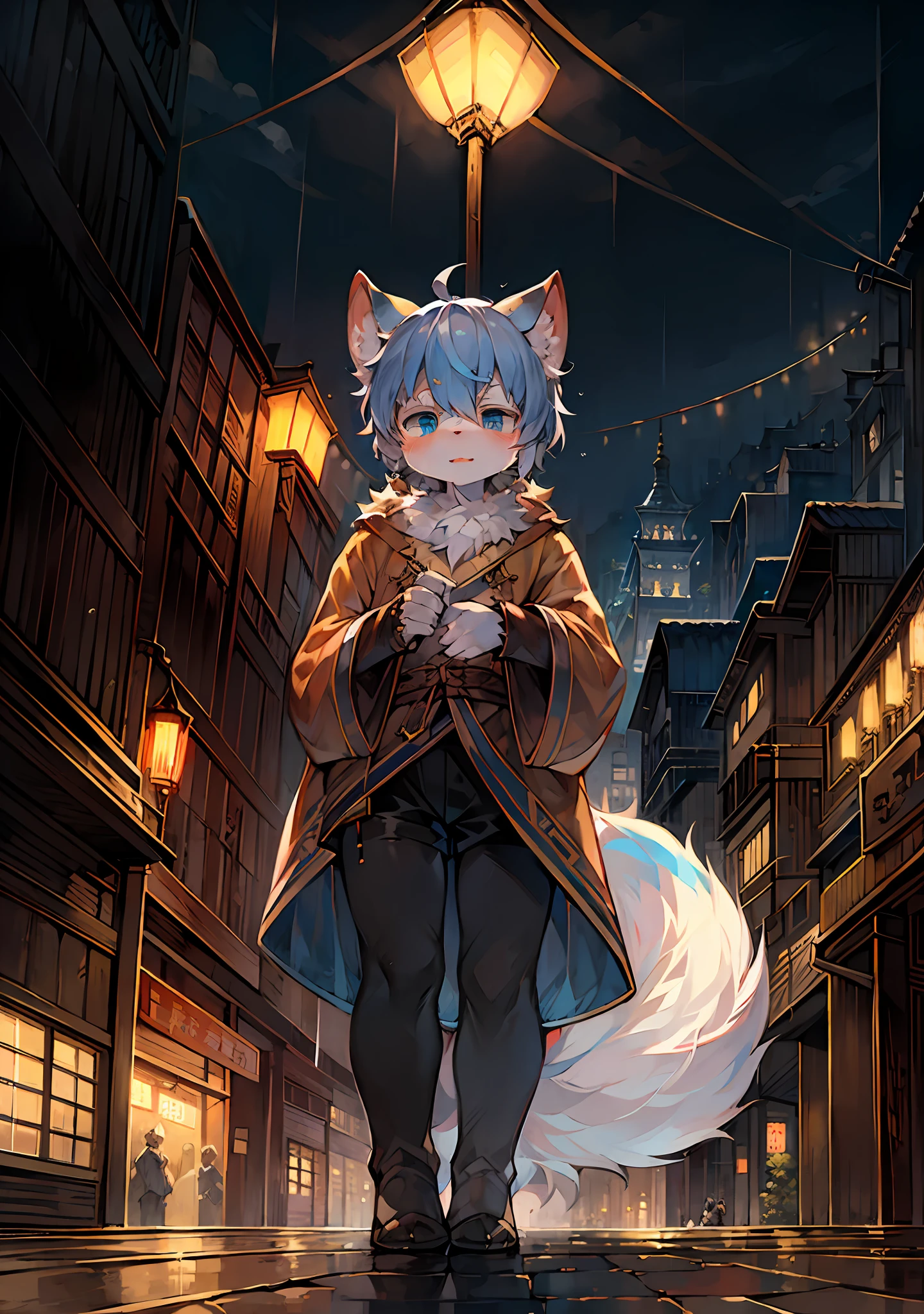 Masterpiece,High quality,abstract res,Digital painting\(artwork of a\), by Dagasi, Yupa,Kiyosan,(anthro,Fluffy fur,Character focus:1.1),anthro male cat,Short hair,eyes with brightness, in a panoramic view, Character focus.(detailedbackground:0.7), 独奏, shaggy, shaggy male, Full Body Furry, Fluffy tail, White fur, blue color eyes, Warm hair:1.2), long canines，Gold pattern，城市，lamplight，neonlight，Downtown，Heavy traffic，shanghai，tall house，Roof，View of Arad Fields overlooking the village，a lot of lights on the buildings，dreamy Chinese towns，Chinese village，Amazing wallpapers，A Japanese town，Japanese village，surreal photo of a small town，old asian village，Japan city，Raymond Han，rainy evening, Cyberpunk ancient Chinese castle, Well-lit building, In the evening in the rain, Beautiful and aesthetic, photography of, cinematic ligh, 8K, high detal ((very heavy rain)))
