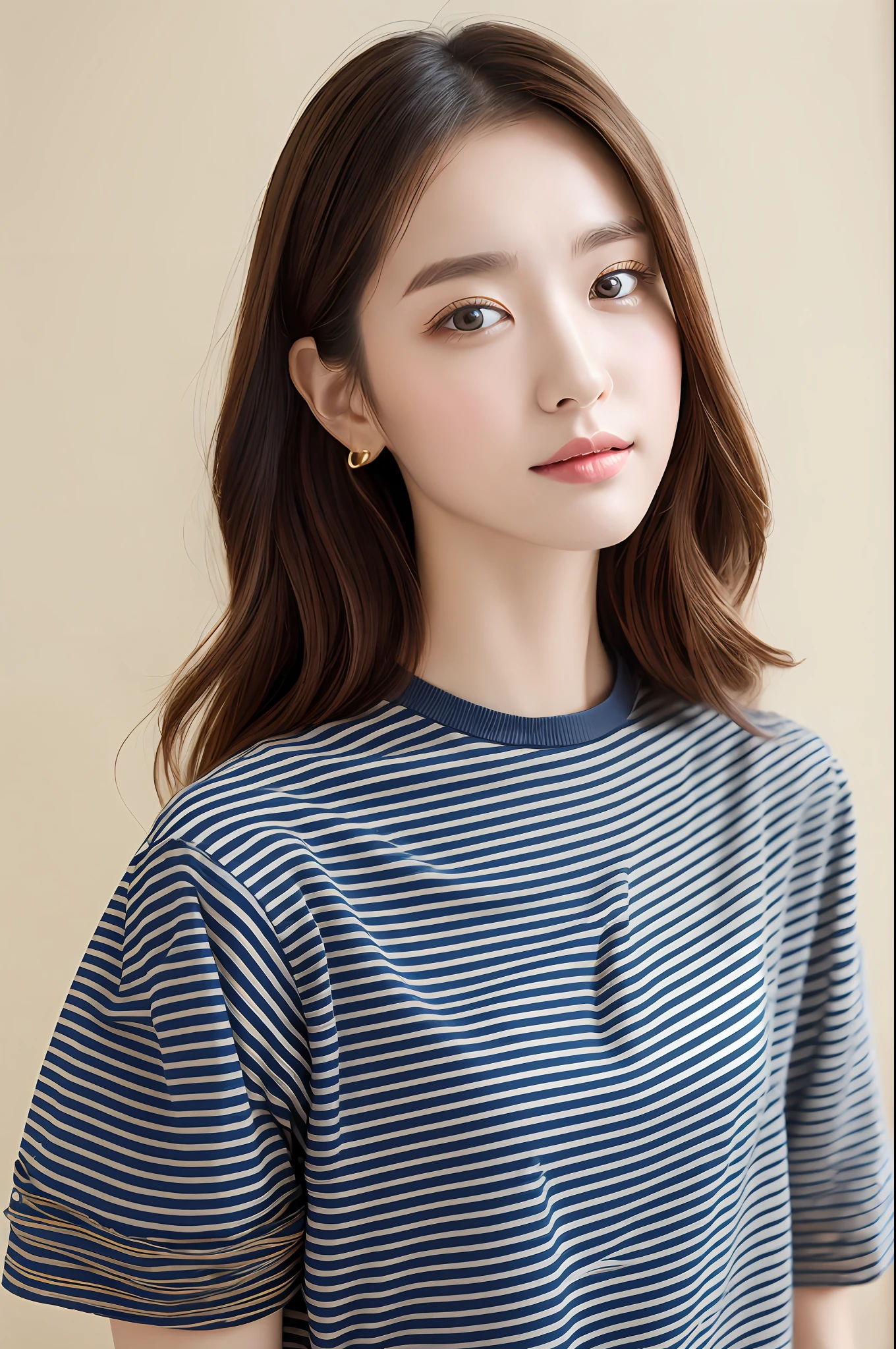 Solo, 8K best quality, Masterpiece, photograph realistic, Super detail, Casual pretty girl wearing loose striped t-shirt, Layered gold chain