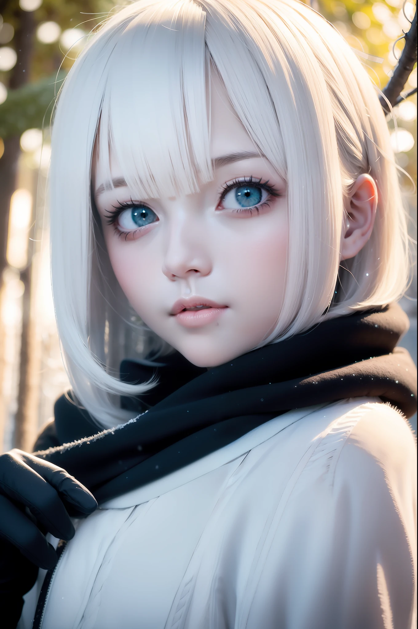 best qualtiy, tmasterpiece, White hair, eBlue eyes, A girl, exteriors, The upper part of the body, Realistis,Floating hair, Snowy,,Detailed face, winter, Green trees, Sunshine