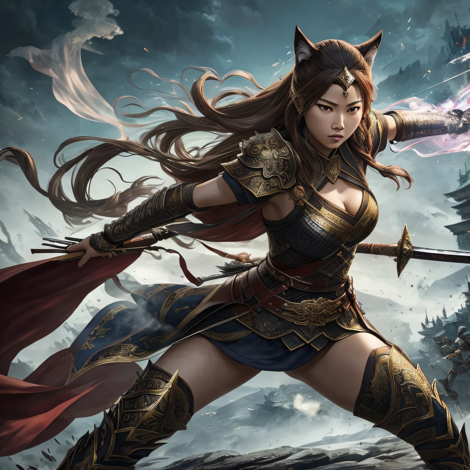 Best quality at best,4k画质,three kingdom,Female general,Armed with two swords,Slashing action,Excellent figure,Spread your legs for combat power,The expression is majestic,Look ahead,Wolf smoke is everywhere,battlefiled --auto