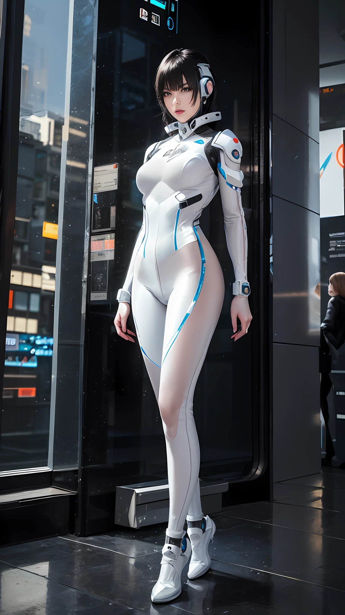 Arad woman in futuristic suit standing in front of the window, science fiction suit, cyber suit, science fiction suit, sci fi futuristic costume, wearing futuristic white suit, cyber suit, white cyborg fashion shot, wearing futuristic clothing, in white futuristic armor, as a retro futuristic heroine, cybersuit, Energetic Varia suit, diverse cybersuits