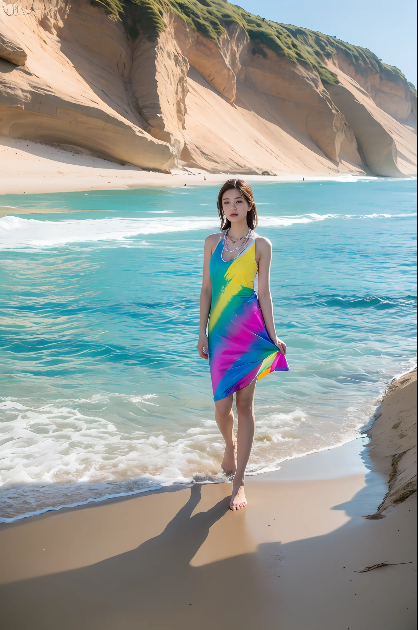 (8K, RAW photogr, Photorealistic:1.25)，1girll，sandbeach，blue-sky，baiyun，Pose，Mannequin, （beachside：1.5），Rainbow color slip dress，Rainbow color necklace，（of a real：1.4），conservative girl