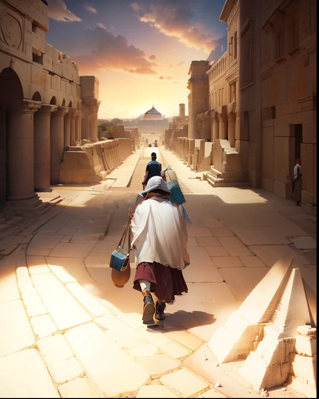 The philosopher Thales of Miletus walking on foot with his writings in hand, sin mochila, con sus papiros que llevan sus esclavos, in the background the pyramids of Egypt, Historia , Expresiones, alta calidad, Detalles altos, La mejor calidad, 16k --auto --s2