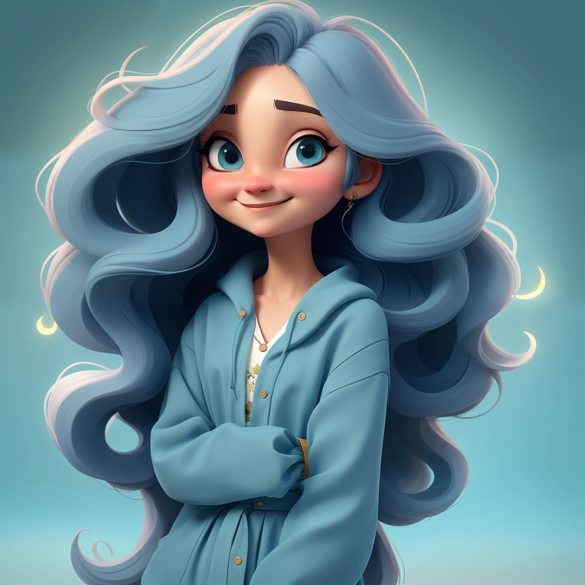 sozinha, 1magical creature, calm eyes that convey calm and understanding, Foco feminino, fundo simples, Face with serene expression, uma criatura pequena, cabelo curto, sorridente, various poses and with various expressions. Blue is a magical color with a serene and wise presence. Ele tem um tom azul profundo. Her hair is wavy and glows like a tranquil lake in the moonlight.
