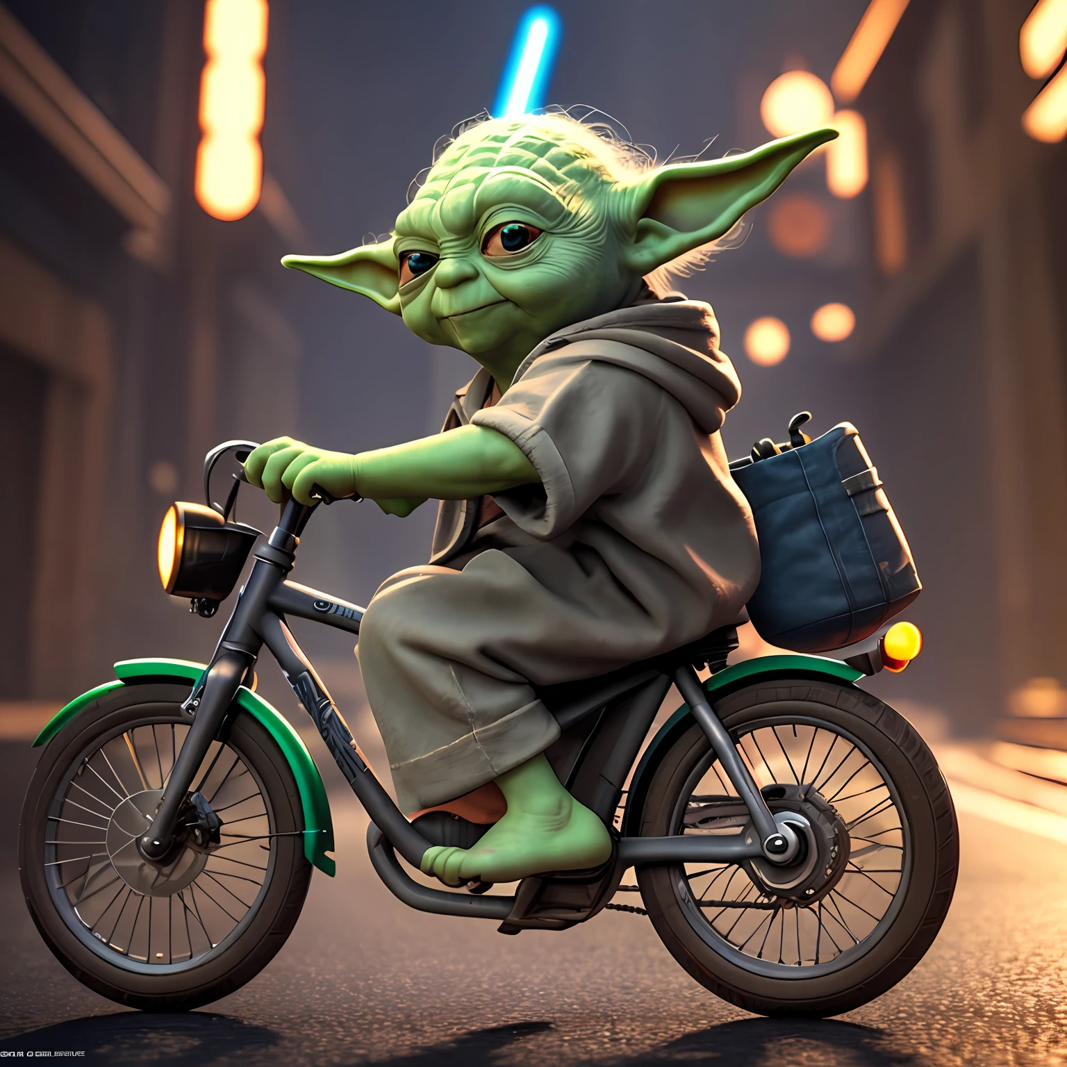 PLTN style, Star Wars master Yoda smiling on a bike seen from the side, beautiful big reflective circular eyes, Pixar rendering, smooth cinematic unreal engine, intricate detail