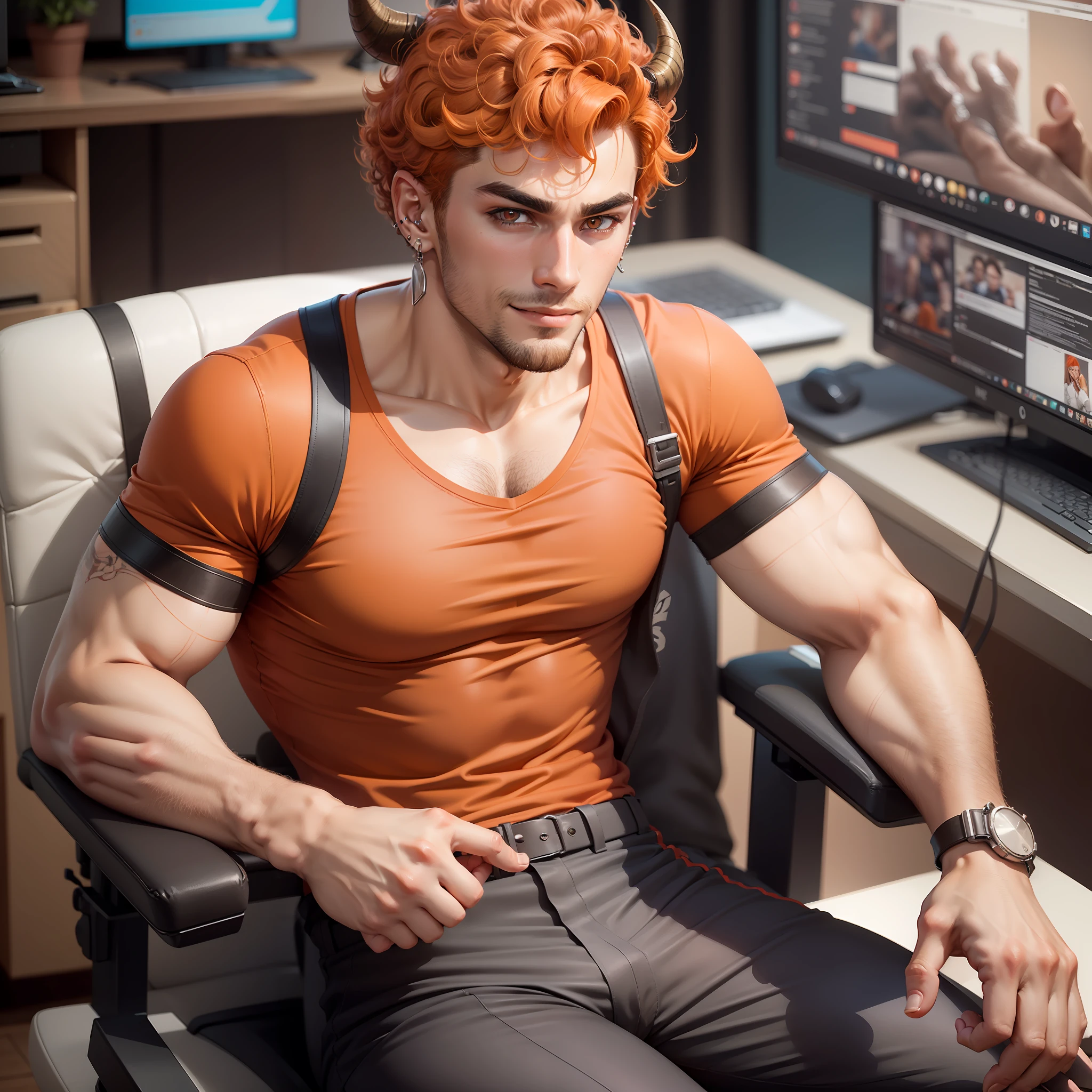 Handsome male, ear piercing, red eyes, orange hair, short hair, smile, intense look, orange shirt, grey pants, sitting on gaming chair, detailed body, detailed hands, tanned skin, horns, doe eyes, huge bulge in pants, curly hair, bushy brows, beard