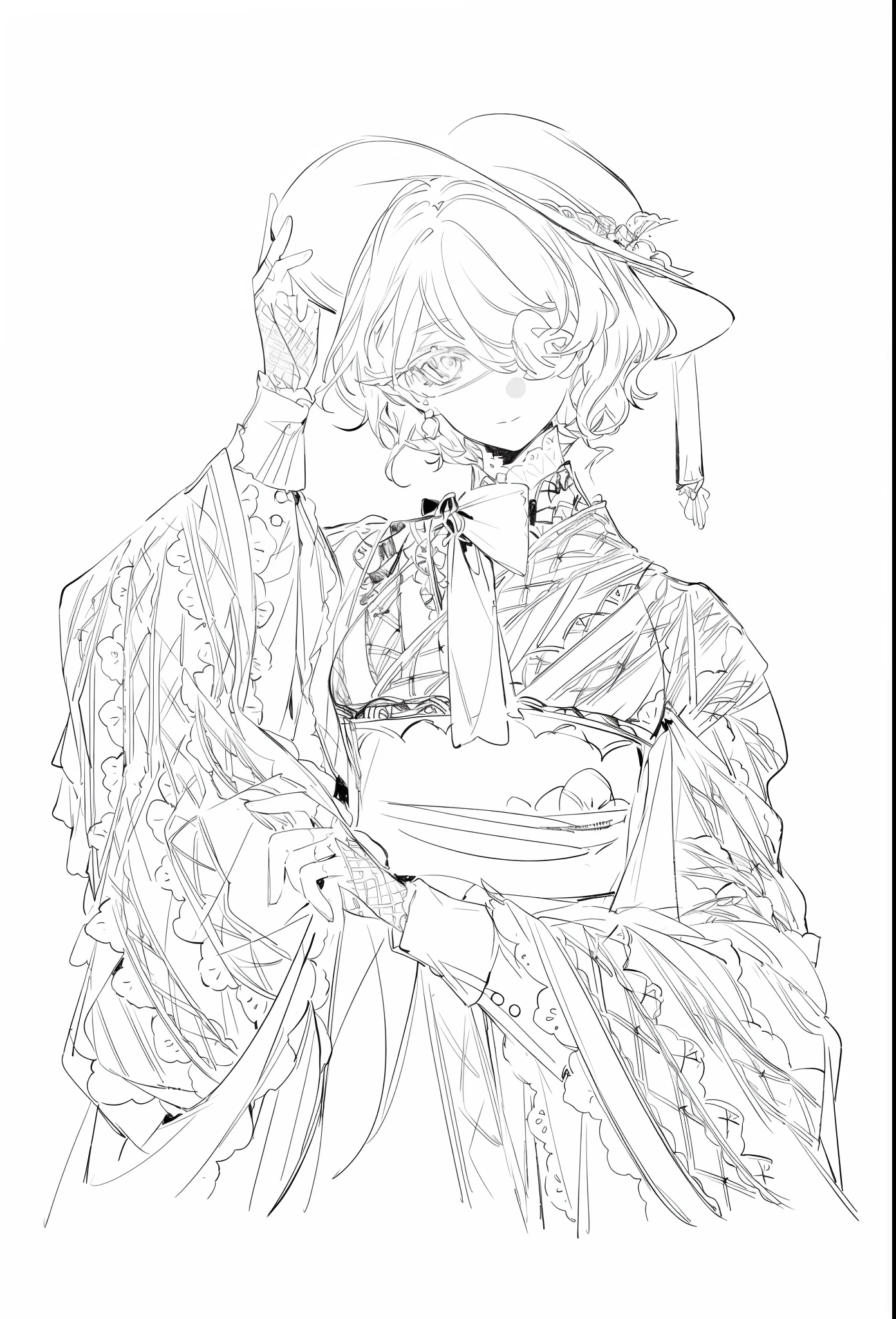 a drawing of a woman in a dress holding a hat, clean lineart, perfect lineart, extremely fine ink lineart, lineart, bold lineart, thick lineart, line art!!, beautiful line art, thick black lineart, line sketch!!, hyper detailed line art, intense line art, intricate lineart, line sketch, clean anime outlines