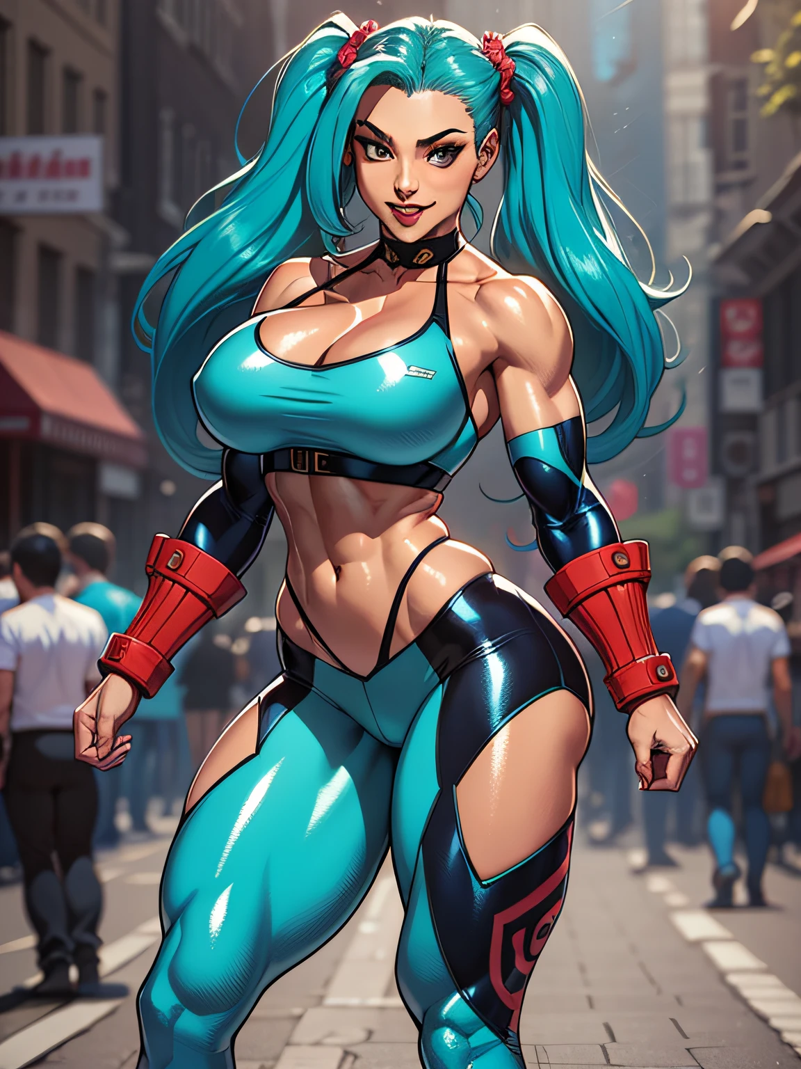 street fighter、Five Fingers、Very big big breasts、Chest that seems to burst、One lady、Long legs、Fitness Model、musculature、abdominals、Powerful Pose、punch、Emerald blue hair、Height 175cm、poneyTail、skin tanned、A smile、clothes shiny、full-body view、publicity cosplay、full-cosplay、taken with canon 5d mk4、cosplay foto