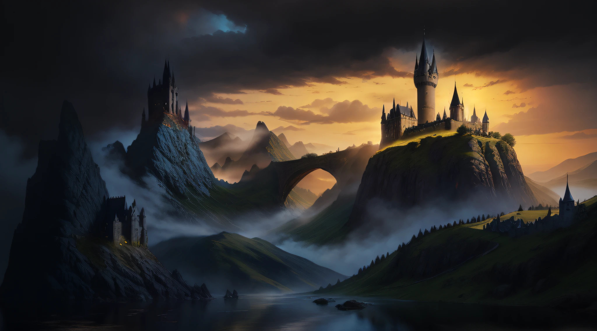 Painting of a castle on the hill, inspired by Andreas Rocha, Andreas Rocha style, medieval fantasy landscape, Lord of the Rings, Harry Potter, a fire dragon in the upper left corner, sunset background, UHD, masterpiece, ccurate, super detail, high details, high quality, highres, best quality, award winning, 16k