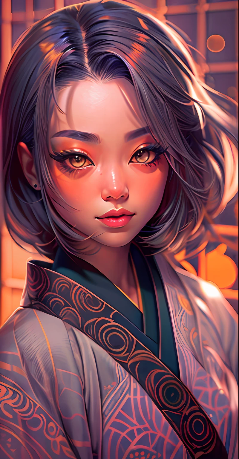 onmyoji,Japanese woman, hyper-detailing, warm tones, intricate details, volumetric, art by Iliya Kuvshinov, a glaring eyes, dvArchModern, 85 mm, f1.8, portraite of a, photo-realistic, A hyper-realistic, orange, Ultra-detailed, intrikate, dramatic, Sunset lighting, eye shadow, wide dynamic range