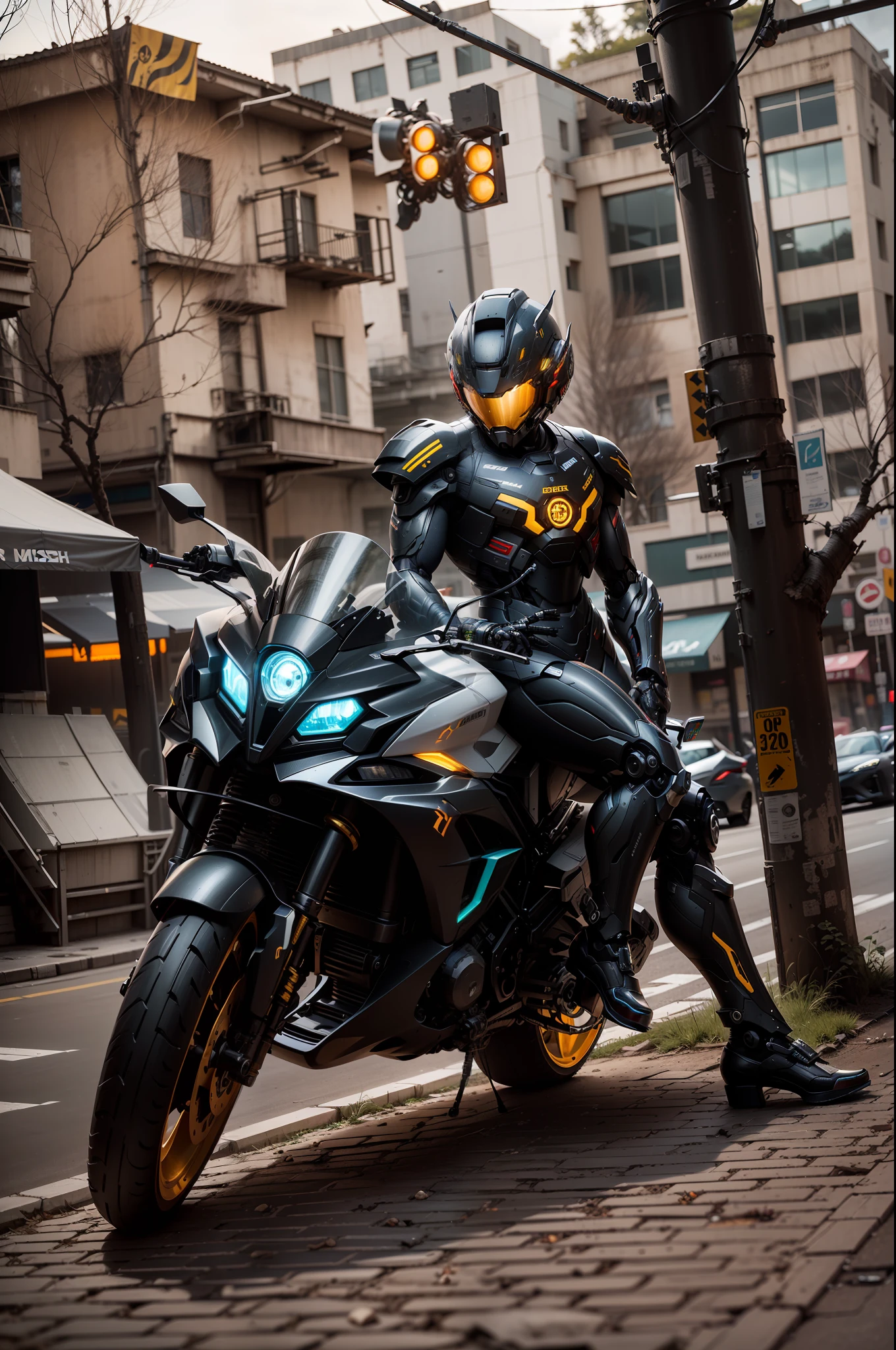 Handsome full body black mecha white short hair cyber handsome warrior, black cyber mechanical motorcycle, high-tech black full surround helmet, white short hair, Nousr, biomechanics, MSHN robot man, high-tech helmet, surreal, steel, complex design, crazy details, fine details, extremely clear lines, cinematic lighting, photo realism, detailed masterpiece