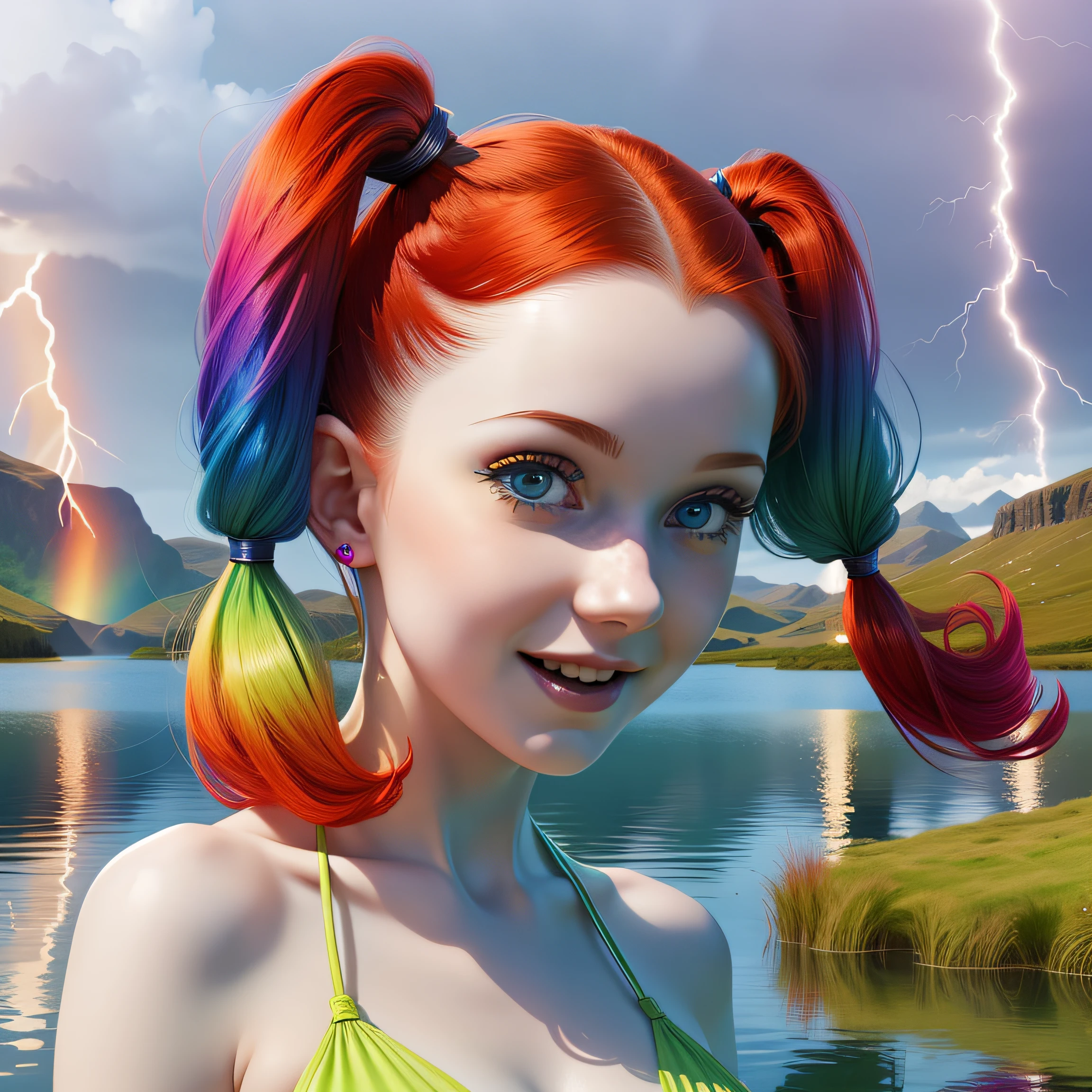 cute redhead woman in twin tails, multiple rainbow colored hair, sky-blue eyes, happy, Ukrainian, petite, pale skin, wearing a green metallic color bikini, lightning striking a lake in Scotland, photo realistic woman. --auto
