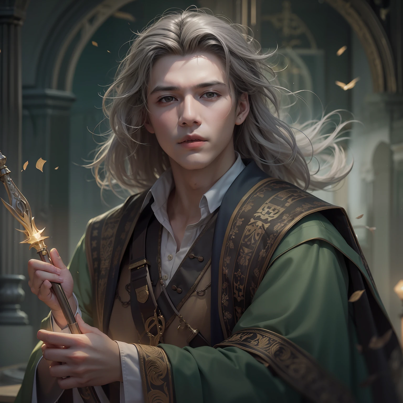 (masterpiece)8K分辨率、top-quality、Wizard with a wand in his left hand、Handsome young man without a beard、Intelligent facial expressions、fantasy-inspired、Delicate overall picture、