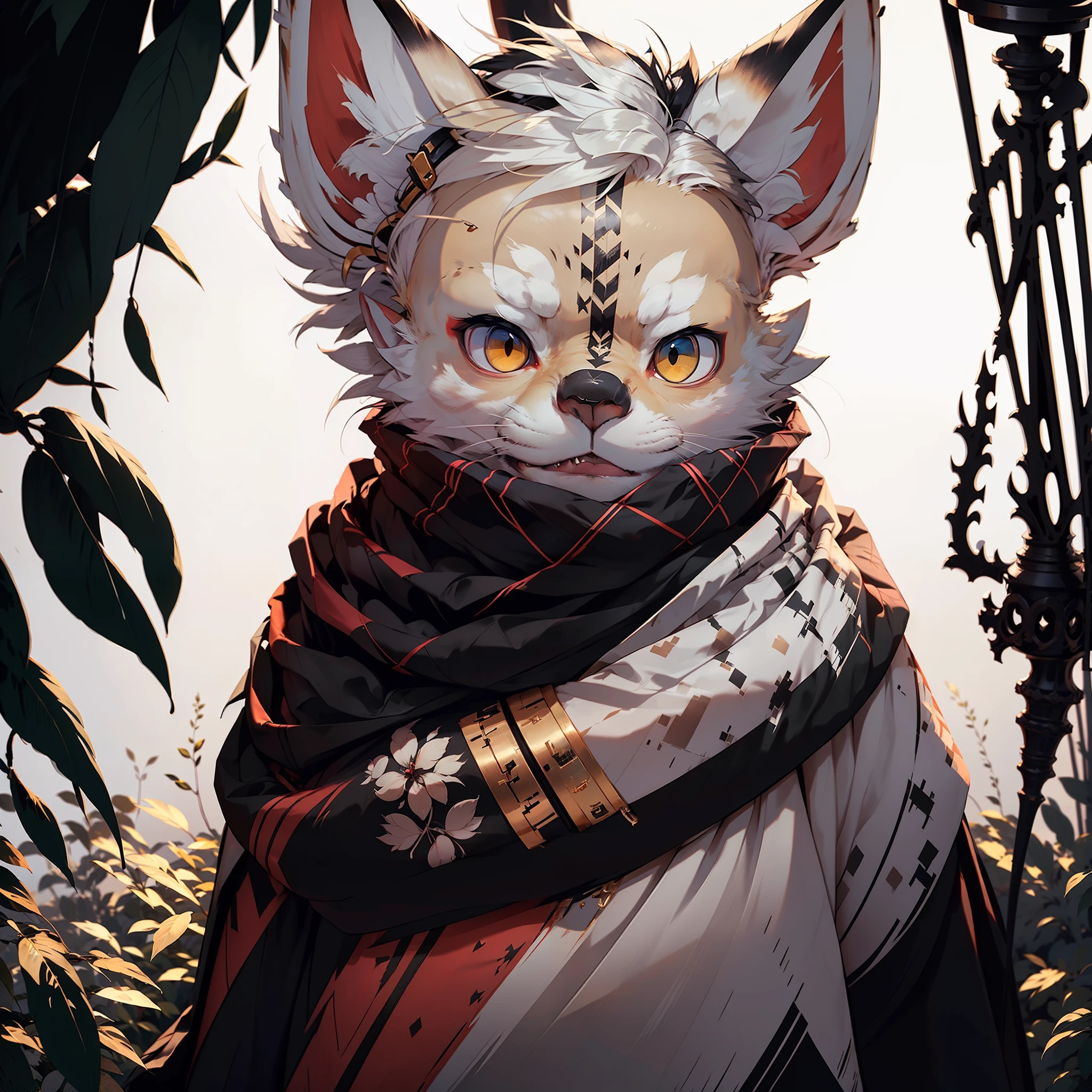 (8K original,The image quality is extremely high,tmasterpiece:1.2)+(realisticlying,photo-realistic:1.4)Humanity,variant,Orc symbaroum,hairy pubic,White hair,Gold pattern,White paws,sheets,White coat,Visual impact of cool and warm colors