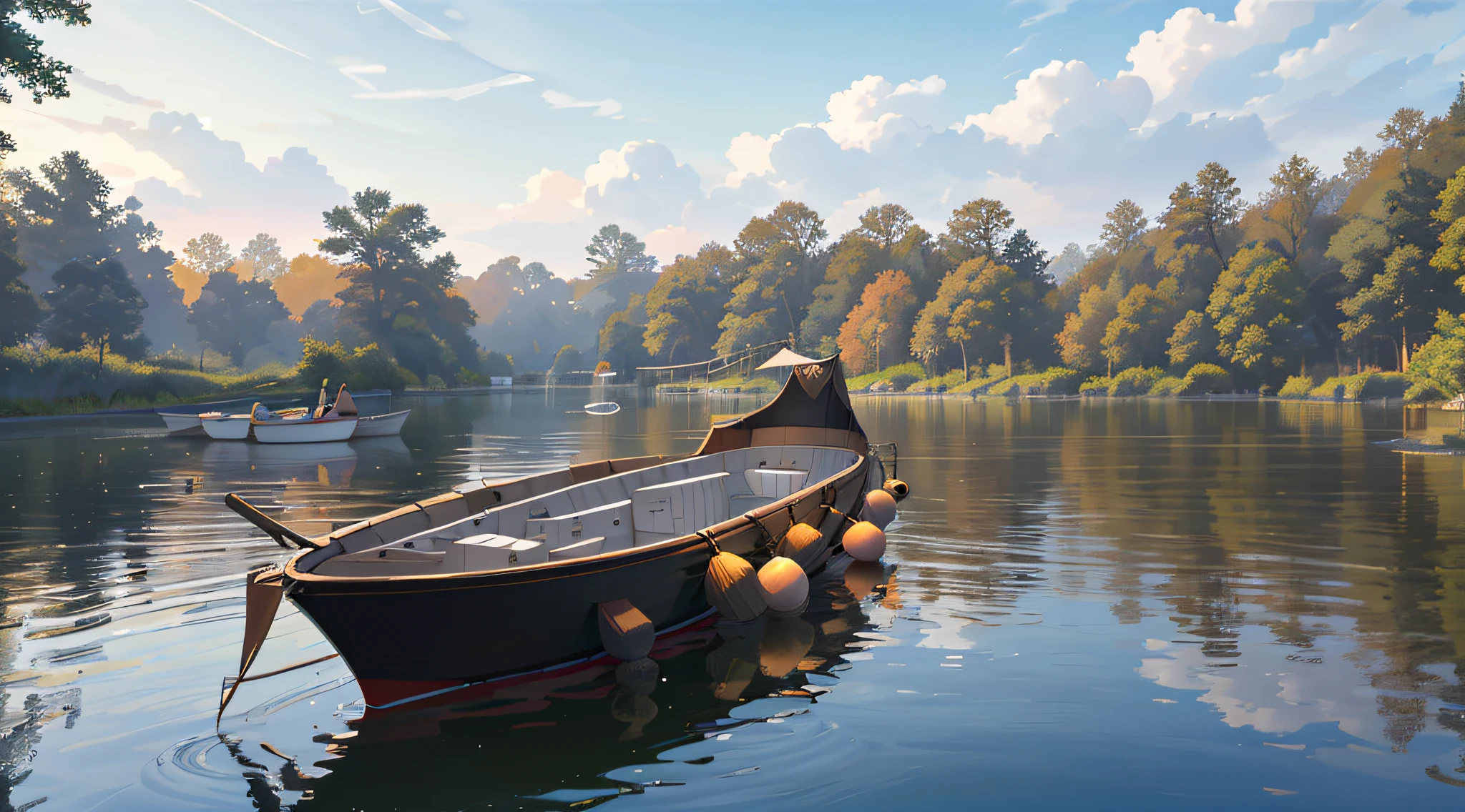 Wallpaper, summer pond, pond, boat, afternoon sun, reeds, pond background, depth of field, hot weather, HD detail, wet watermark, hyperdetail, realistic photo, 16k, surrealism, soft light, deep field focus bokeh, ray tracing, diffuse (ultra-fine glass reflection) and surrealism. --v6