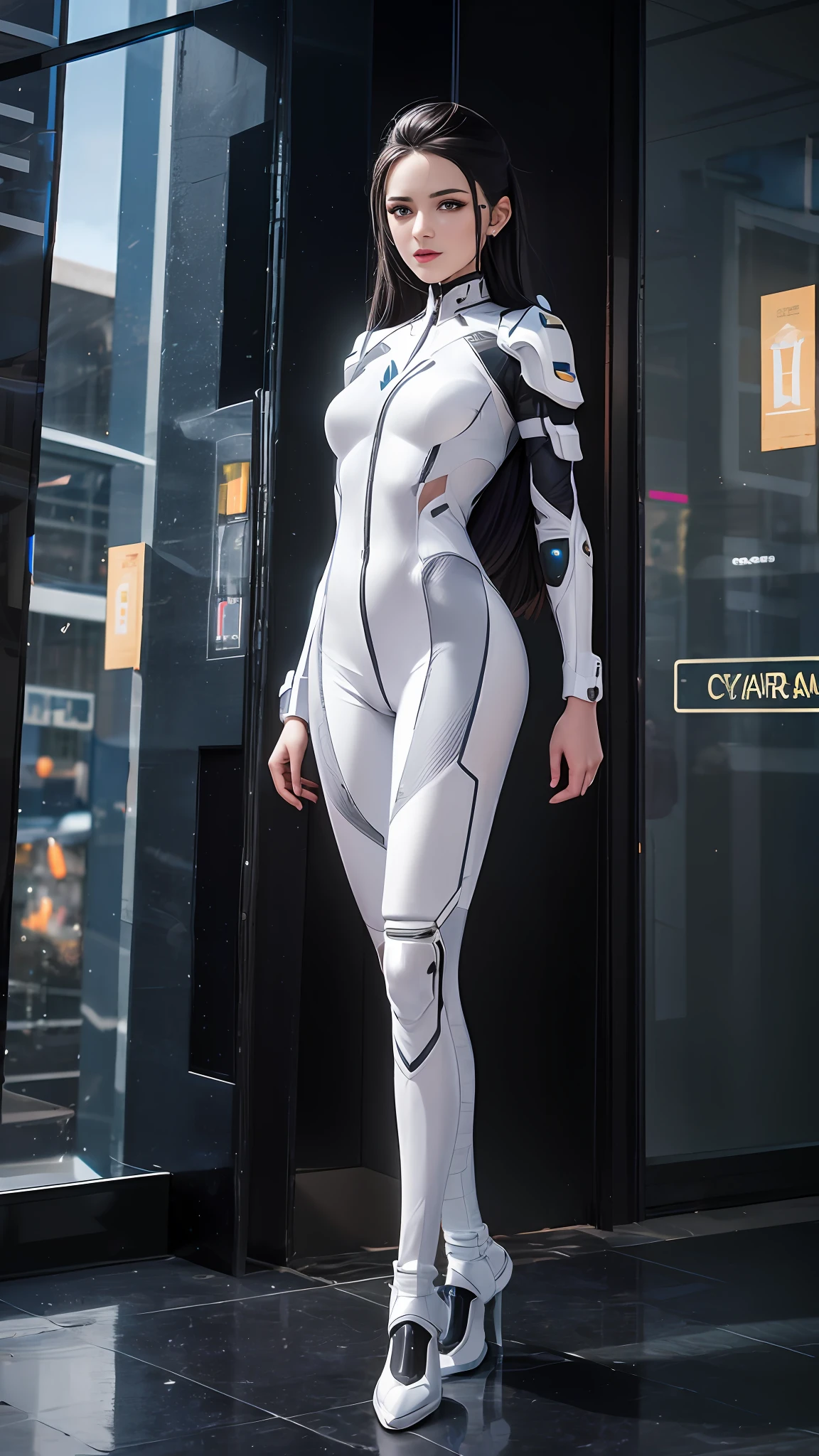Arad woman in futuristic suit standing in front of the window, science fiction suit, cyber suit, science fiction suit, sci fi futuristic costume, wearing futuristic white suit, cyber suit, white cyborg fashion shot, wearing futuristic clothing, in white futuristic armor, as a retro futuristic heroine, cybersuit, Energetic Varia suit, diverse cybersuits