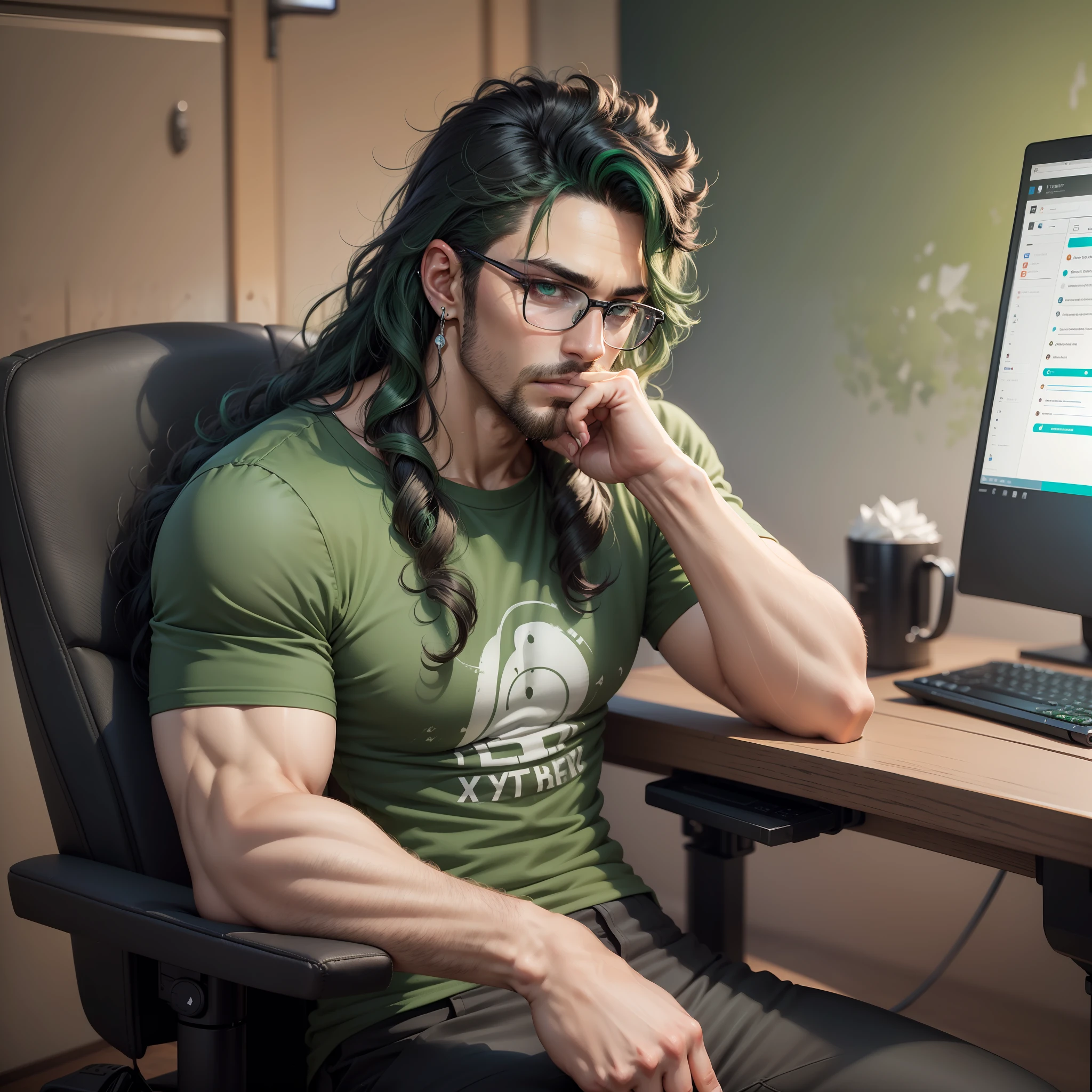 Handsome male, dark green hair, green eyes, soft features, faded beard, glasses, black tshirt, black pants, bulge in pants, detailed body, earrings, long hair tied back, curly hair, arrogant, expressionless, sitting in gaming chair