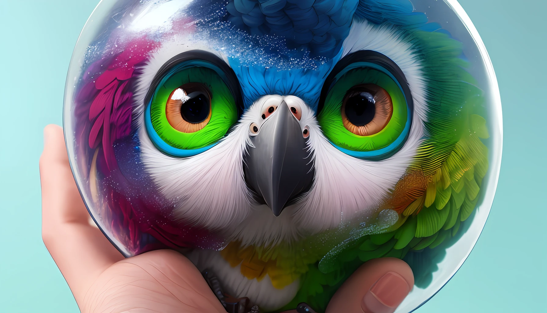 cute fluffy tiny pink baby knitted yarn parrot surrounded by different sized bubbles !!! Big beautiful eyes!! Insanely detailed portrait painting of an adorable baby friendly chibi parrot in whimsical and endearing style; big round eyes; CGSociety ZBrush Central fantasy art scifi art 4K 64 megapixels 8K resolution HDR shiny reimagined by industrial light and magic