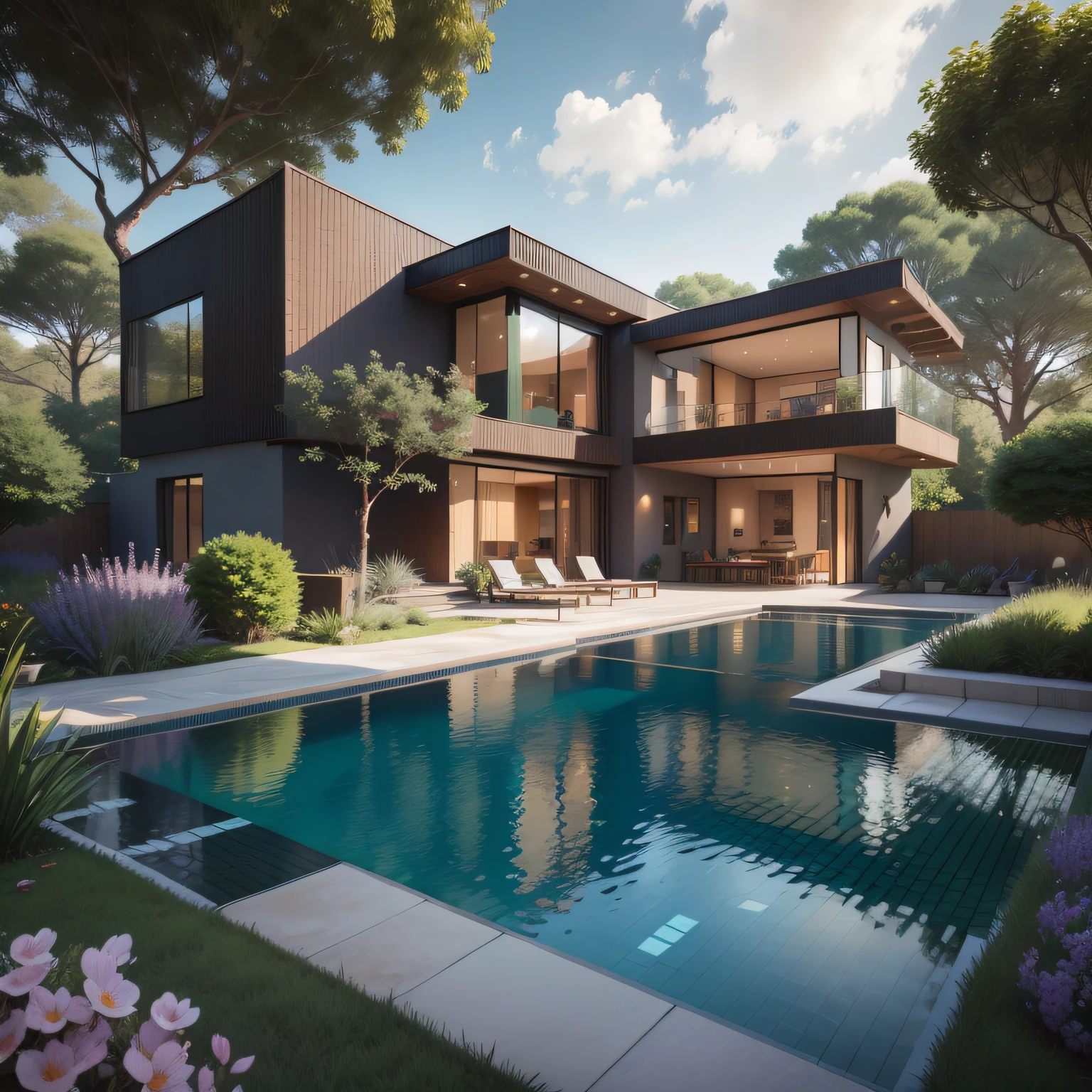 Organic modern architecture on a fairly large plot, from , there is a swimming pool in the middle of a large house of a flower, color of the house in chocolate brown and black beams, large modern residence, flat roofs and garden, render luxcore, render oktane, a photorealistic rendering, architectural rendering, mantra rendering, architectural rendering, realistic rendering, architectural visualization, wellness pool,  Architectural visualization, large green zones, with small zones of lavender flowers, green shrubs type lush green garden, as well as small water mirrors, swimming pool embedded in an area of sand, olive and pine trees around the house, paddle court next to the house