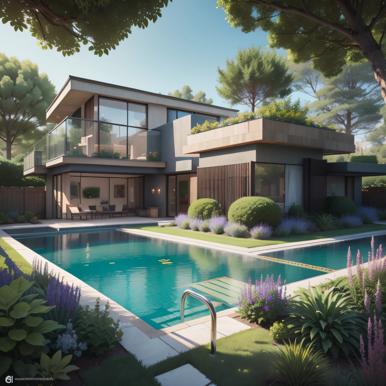 Organic modern architecture on a fairly large plot, from , there is a swimming pool in the middle of a large house of a flower, color of the house in chocolate brown and black beams, large modern residence, flat roofs and garden, render luxcore, render oktane, a photorealistic rendering, architectural rendering, mantra rendering, architectural rendering, realistic rendering, architectural visualization, wellness pool, Architectural visualization, large green zones, with small zones of lavender flowers, green shrubs type lush green garden, as well as small water mirrors, swimming pool embedded in an area of sand, olive and pine trees around the house, paddle court next to the house