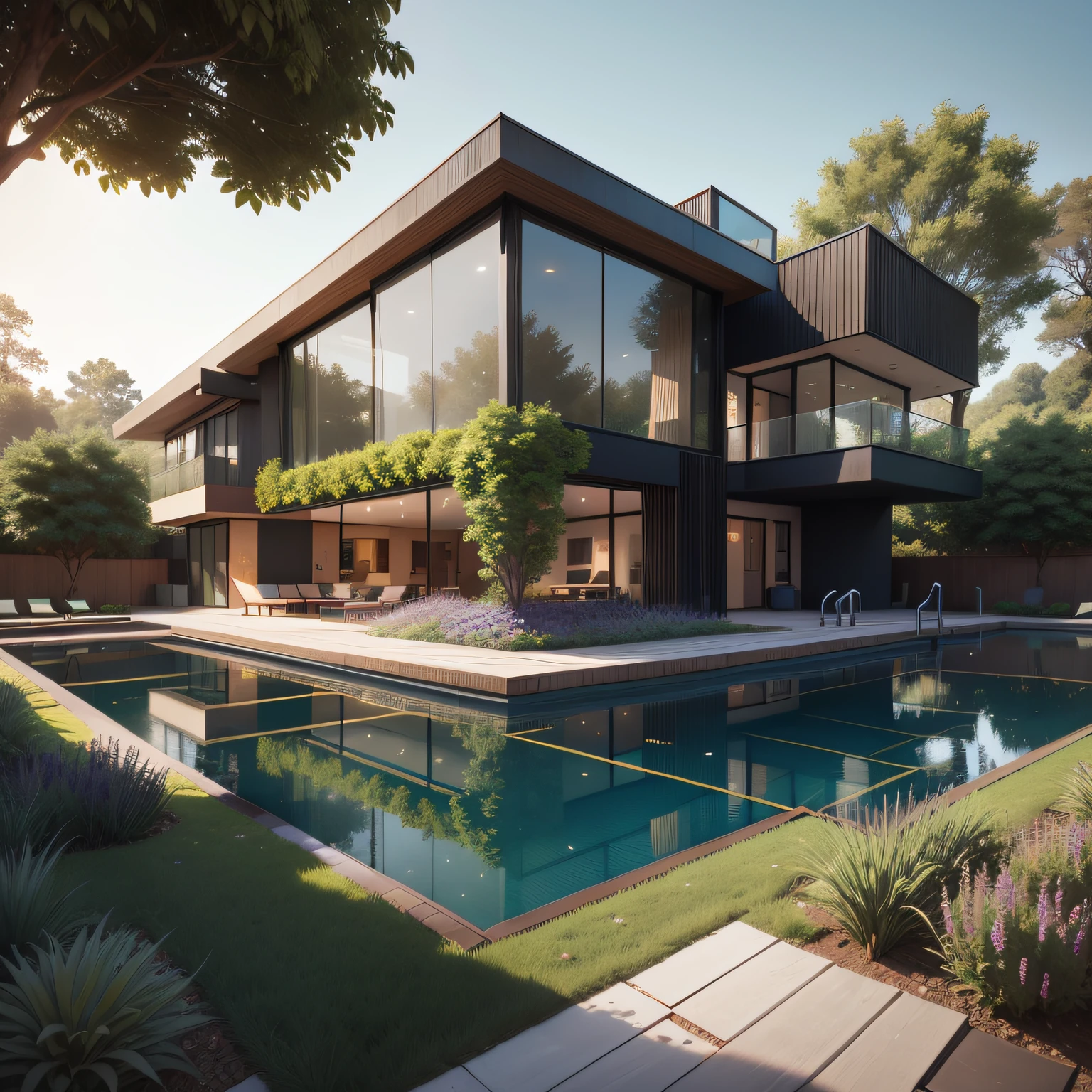 Organic modern architecture on a fairly large plot, from , there is a swimming pool in the middle of a large house of a flower, color of the house in chocolate brown and black beams, large modern residence, flat roofs and garden, render luxcore, render oktane, a photorealistic rendering, architectural rendering, mantra rendering, architectural rendering, realistic rendering, architectural visualization, wellness pool, Architectural visualization, large green zones, with small zones of lavender flowers, green shrubs type lush green garden, as well as small water mirrors, swimming pool embedded in an area of sand, olive and pine trees around the house, paddle court next to the house