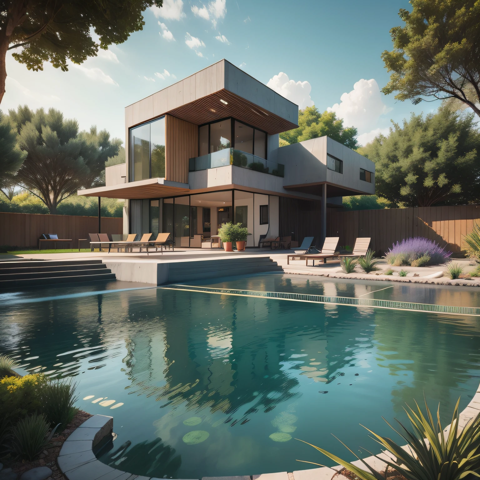 Organic modern architecture on a fairly large plot, from , there is a swimming pool in the middle of a large house of a flower, color of the house in chocolate brown and black beams, large modern residence, flat roofs and garden, render luxcore, render oktane, a photorealistic rendering, architectural rendering, mantra rendering, architectural rendering, realistic rendering, architectural visualization, wellness pool,  Architectural visualization, large green zones, with small zones of lavender flowers, green shrubs type lush green garden, as well as small water mirrors, swimming pool embedded in an area of sand, olive and pine trees around the house, paddle court next to the house