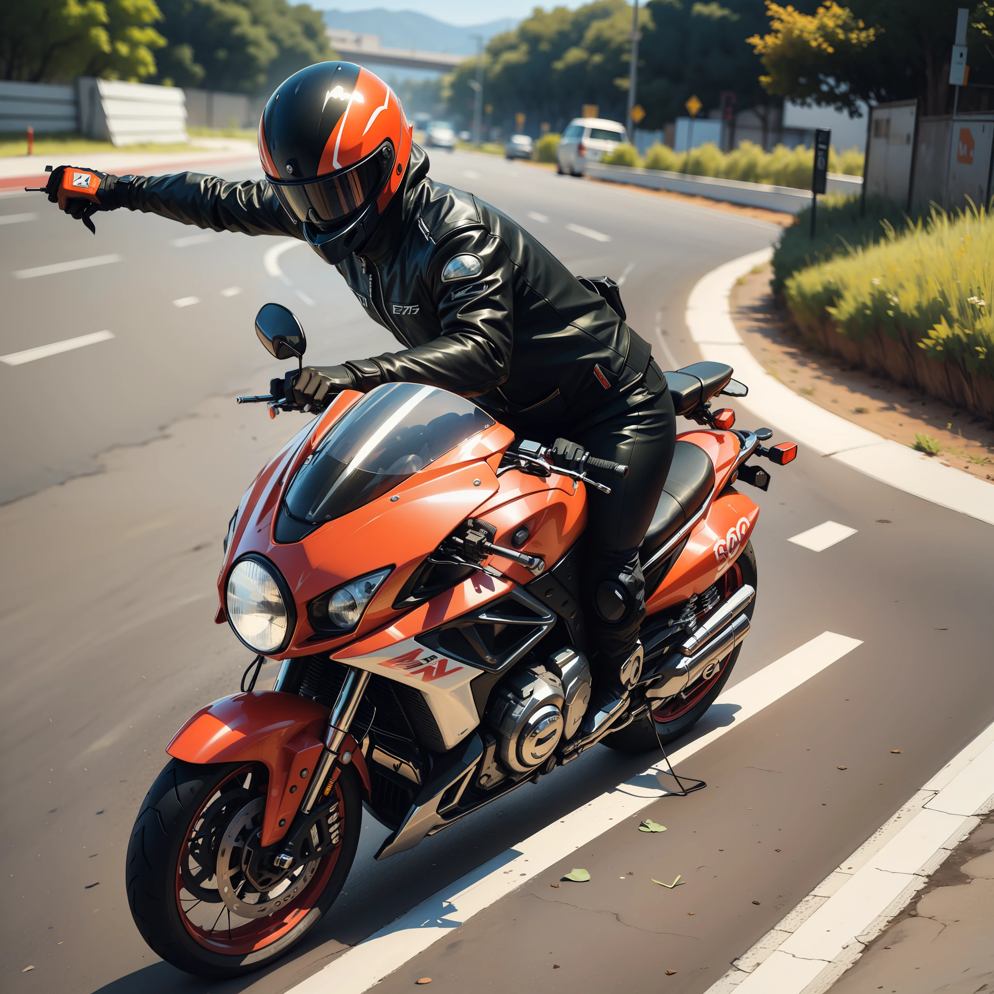 Fotorealista, motociclista, paramentado, na pista, estrada colorida --auto