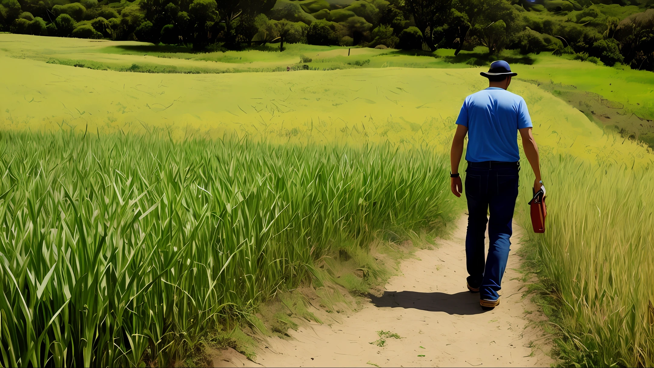 Van Gogh caminhando nos campos de trigo sob o lindo sol do passado