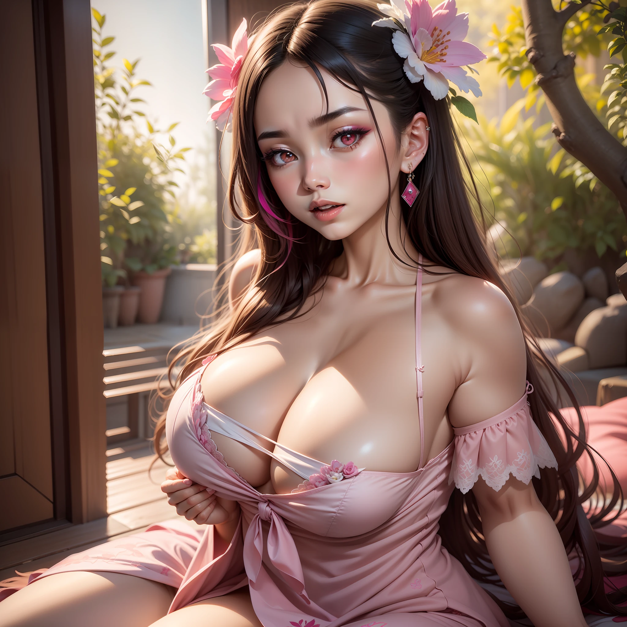 Best quality,Amazing,Masterpiece,Delicate,超高分辨率,Ultra detailed,intricately details,Beautiful detailed,8K resolution,(Extremely detailed Cg Unity 8K wallpaper),Sharp focus,((No text)),breast conscious,gigantic cleavage breasts,Areola Slip,Covered,Bursting breasts,Lively breasts,framed breasts,Miniature tulle underwear with high transparency and transparency，Tongue stock,Makeup,Happy,Reflectors,ahegao,Pink eyes,Heart earrings,1girll,Solo,Female pervert,view the viewer,hair flower,Long hair,multicolored hair,Shiny hair,Barefoot,Bottomless,Thick thighs,Bare legs,