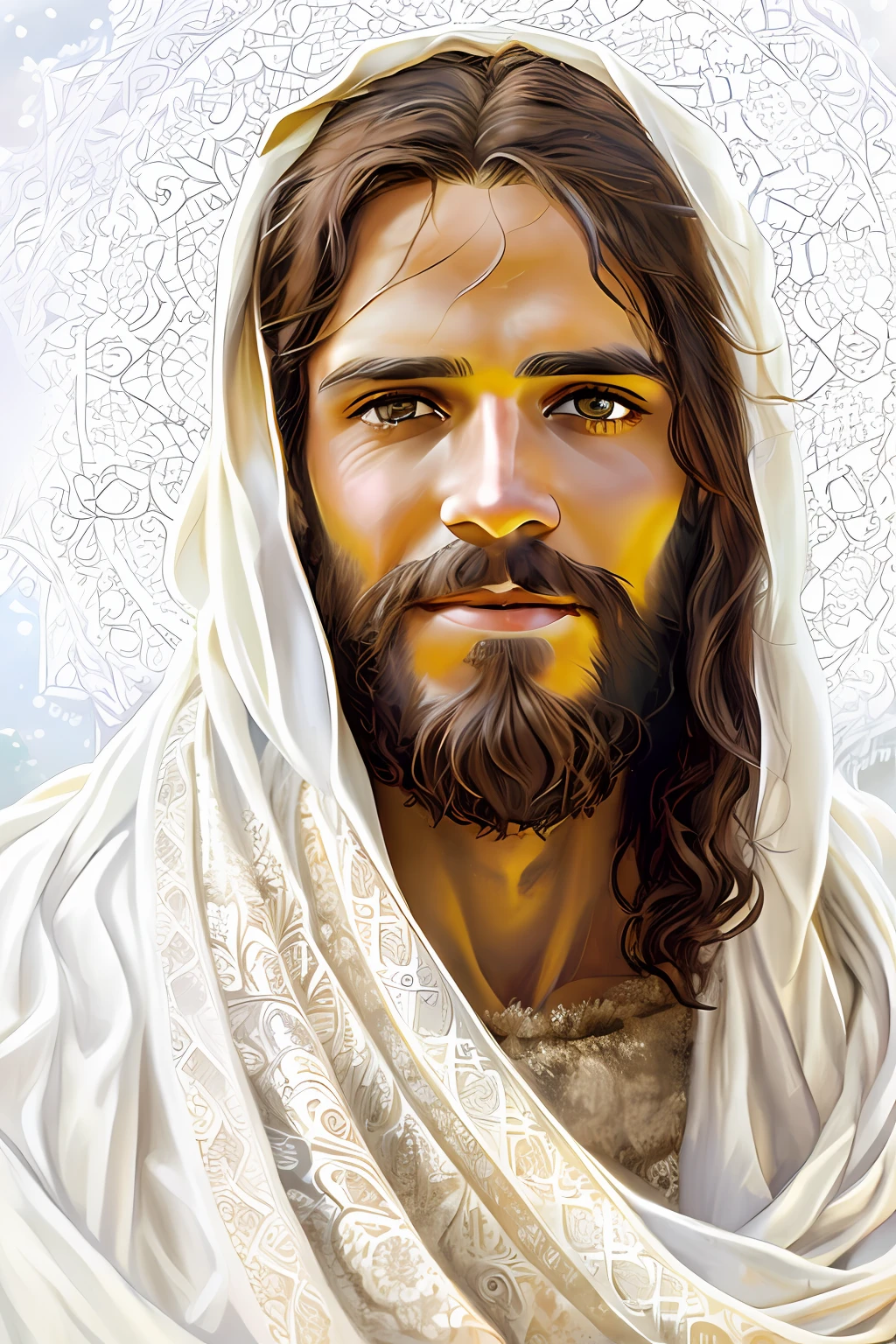 Man with beard and white shawl on his head, Jesus Christ, dressed as Jesus Christ, Jesus of Nazareth, face of Jesus, Greg Olsen, Jesus, Nicodemus, portrait of Jesus Christ, Lord and Savior, He is greeting you warmly.