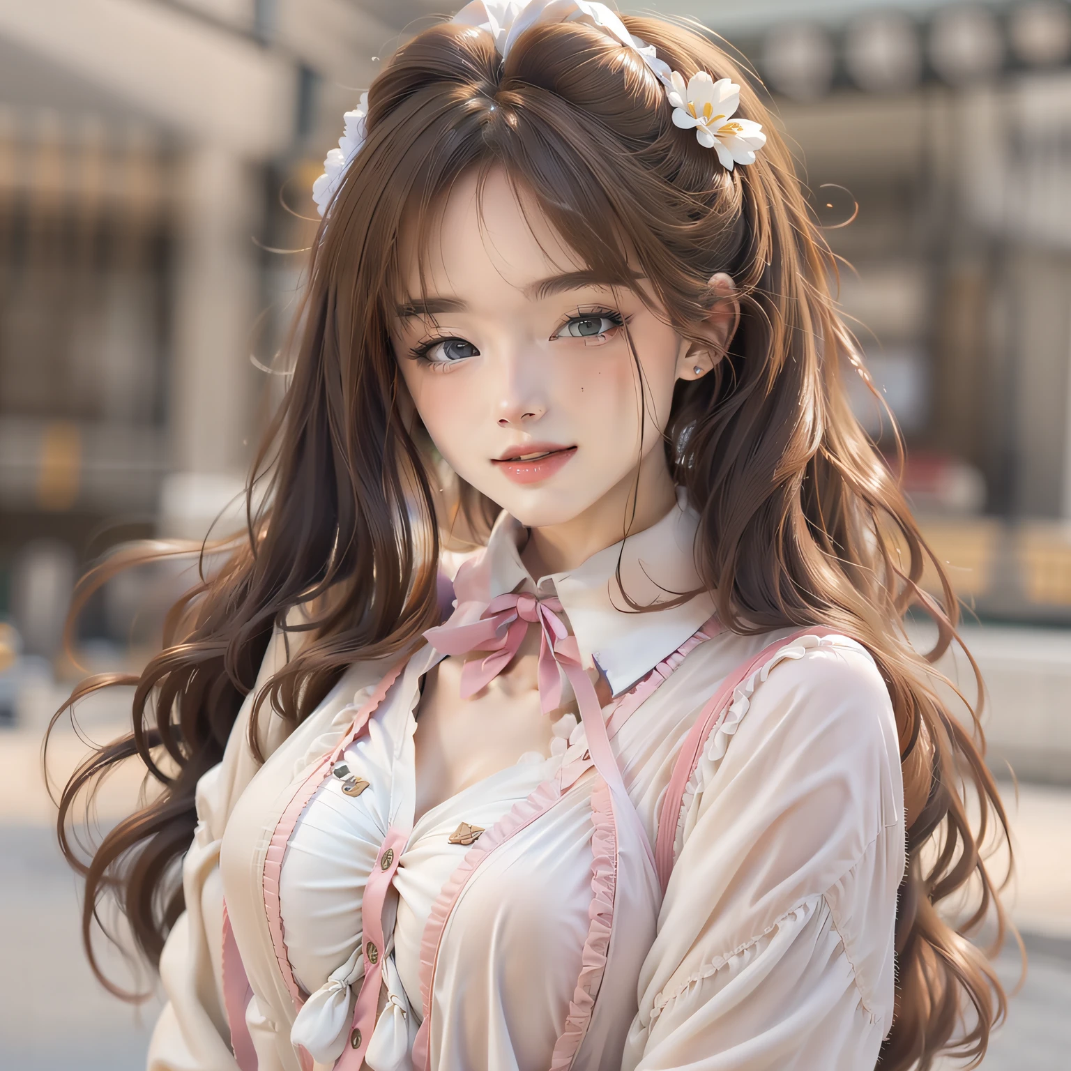 Brown hair, hair over shoulders, Messy hair, ribbon, hair bobbles, Moles under eyes, aqua eyes, Yellow eyes, Pink eyes, Tongue out, Ear blush, One eye closed, Sony FE GM, Fuji Film, romanticism lain, Fuji colors, vanishing point, Masterpiece, Anatomically correct, Super detail, Best quality, 16k, A high resolution,White-skinned,Long white translucent dress