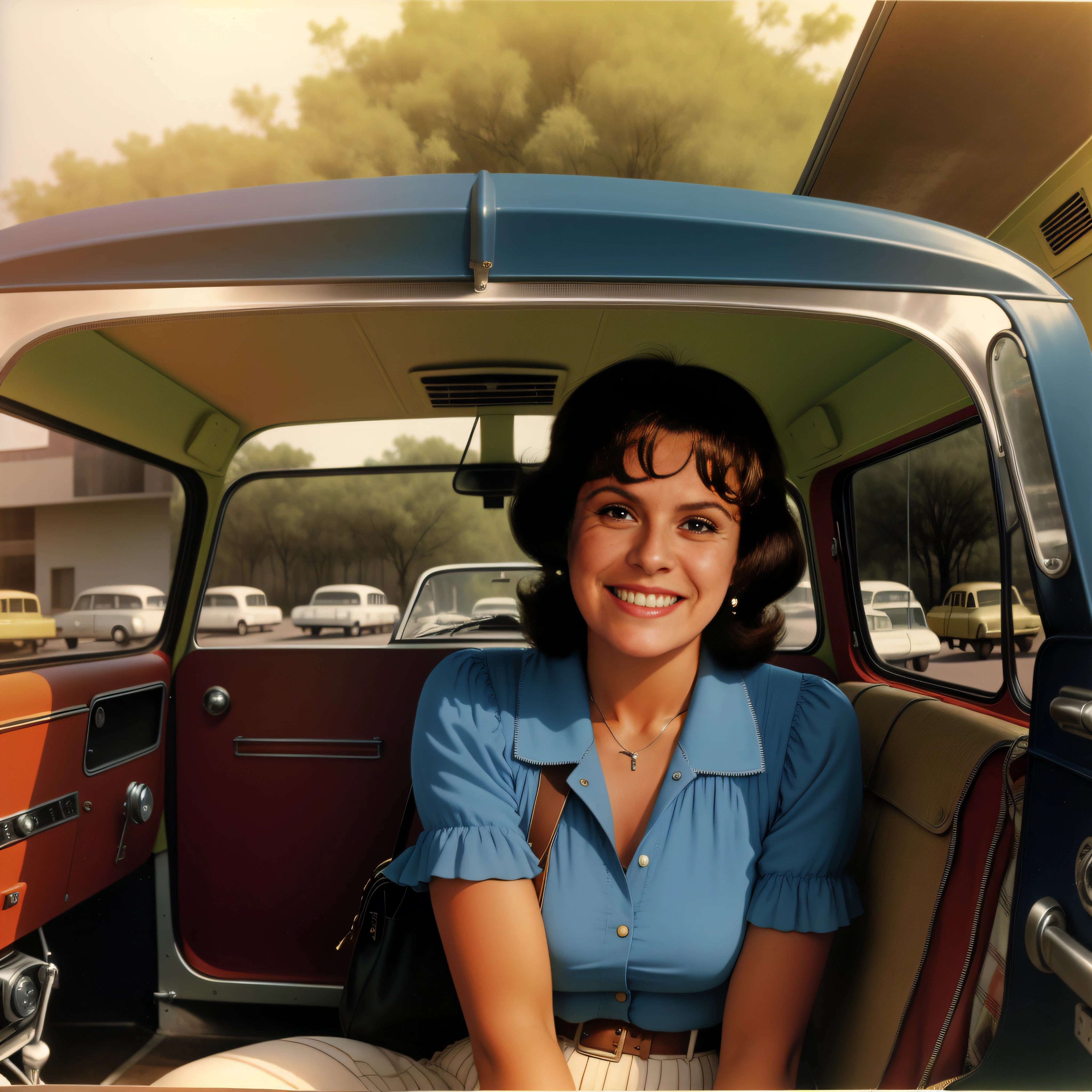 Photo of singer Elis Regina sitting in the back seat of a Brazilian Chevrolet Kombi car in the middle of the Texas desert making a smile with gingival retraction, 1 9 7 0 , seios pequenos, mulher magra, Retro Style 7 0 S, foto colorida vintage, 1 9 7 0 s Turismo de Americana , diretor: John Wall, retrato, Vibe 1 9 7 0 s, retro photography, 7 0 s estilo, foto colorida antiga, 7 0 s estilo, pele realista