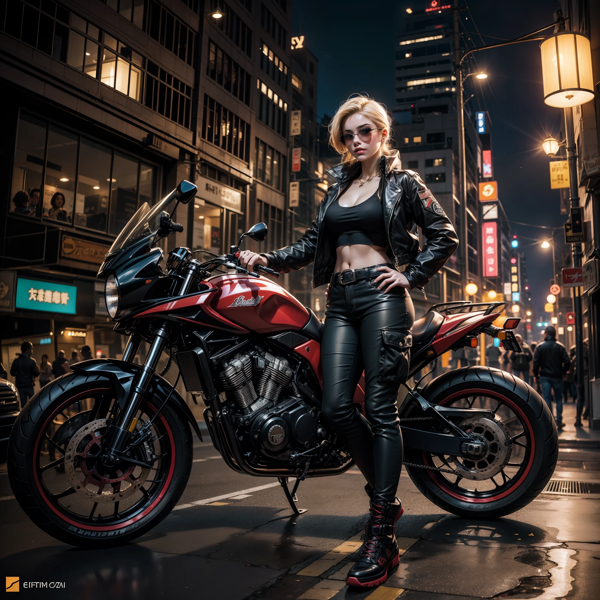1 mulher Cammy White (Lutador de rua), corpo proporcional, pale skin and freckles, olhos cinzas, nariz delicado, soft and delicate lips, cabelo (blondie cinza, rabo-de-cavalo), with aviator glasses with transparent yellow lenses, jaqueta de couro (branca e detalhes pretos), white sports bra, black cargo pants com faixa lateral vermelha, Tactical belt, coldre com pistola, bota de couro marrom cano alto, cabelos ao vento, observa a cidade de Los Angeles iluminada a noite sentada de lado na sua moto futurista (Akira manga) na beira da estrada, pensativa, olhando a skyline da cidade. Neon lights and lamp posts, dinamic poses, pose de modelo encostada na moto, modelshoot, sorriso meigo, disco Rigido, fotorrealista 1:3, solo 1:3, professional camera, obra prima, Foto premiada, estrela de cinema