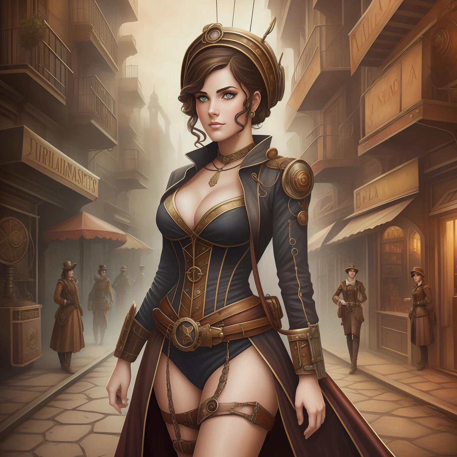 Mujer Estilo Steampunk, com rosto bem detalhado, estilo europeu, fotorealista, en una ciudad destruida por la guerra, Aspecto siniestro, Dibujos muy detallados, estilo pintura digital