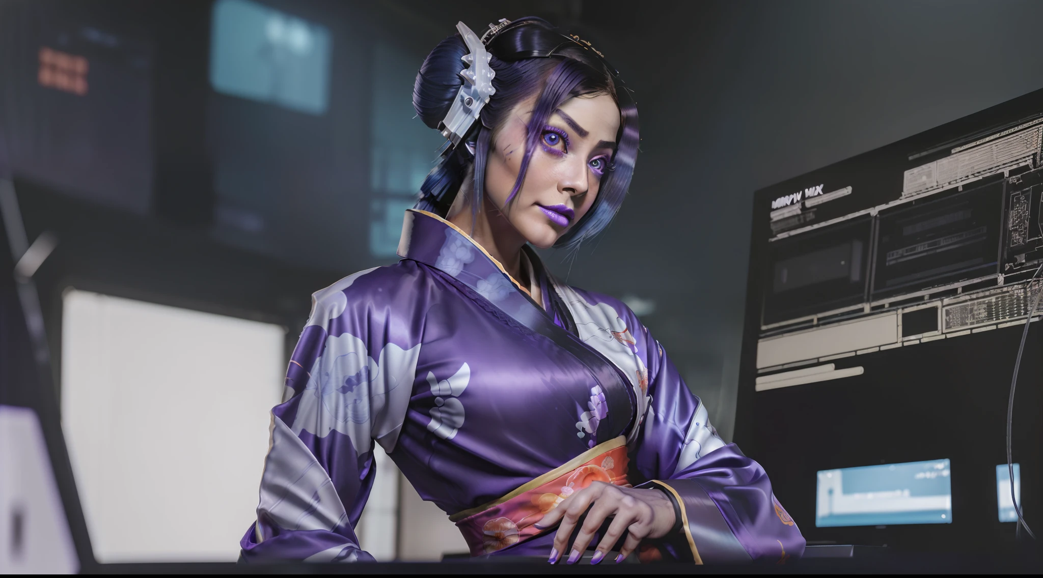 8k, ARTISTIC photography, best quality, masterpiece: 1.2), (realistic, photorealistic: 1.37` Movie still from johnny mnemonic movie directed by (John Carpenter) from 1987, (cyber punk woman face covered with a Virtual Reality headset connected to a mainframe,), ((Blue hair)) , (hacking console), over-detailed face, (((big open eyes))), beautiful body, toned body, (( dressed as futuristic Geisha clothes, ǍCROŇYM)). (((plastic Purple Kimono))), posing, in dark room wires coming through the walls and from computers.