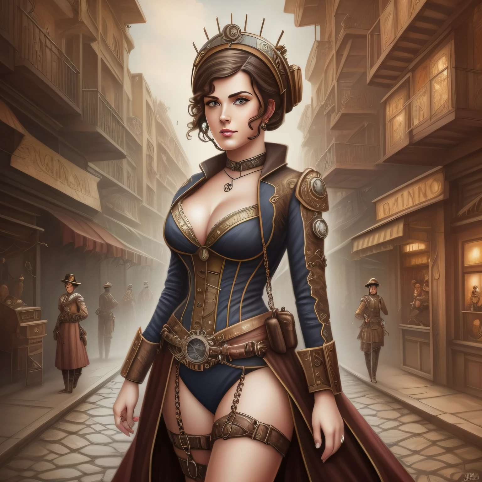 Mujer Estilo Steampunk, com rosto bem detalhado, estilo europeu, fotorealista, en una ciudad destruida por la guerra, Aspecto siniestro, Dibujos muy detallados, estilo pintura digital