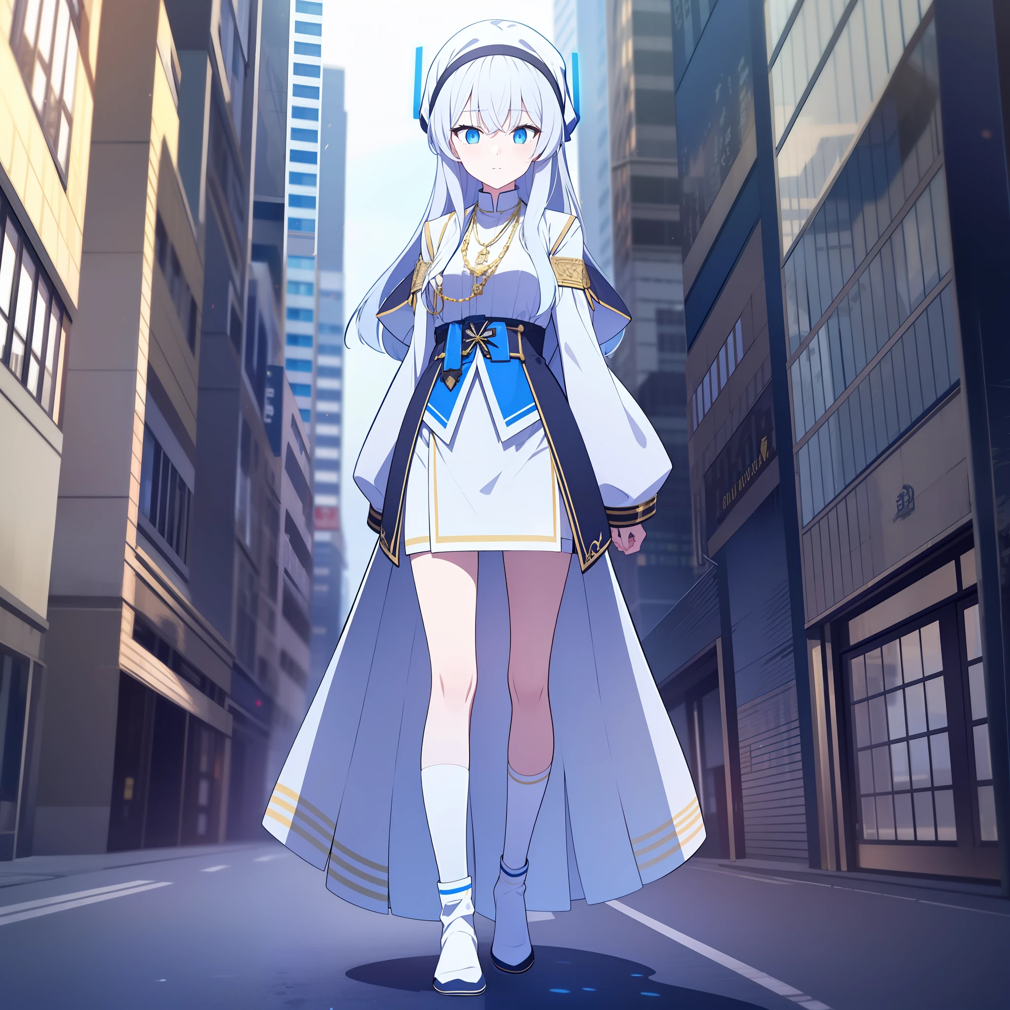 A girl，long  white hair，Qi bangs，Gray robes（The sleeves are long），White color blouse，a blue tie，golden necklace，white short socks，Blue glow on the head，Social terror，With a petite figure，urban backdrop，brightly