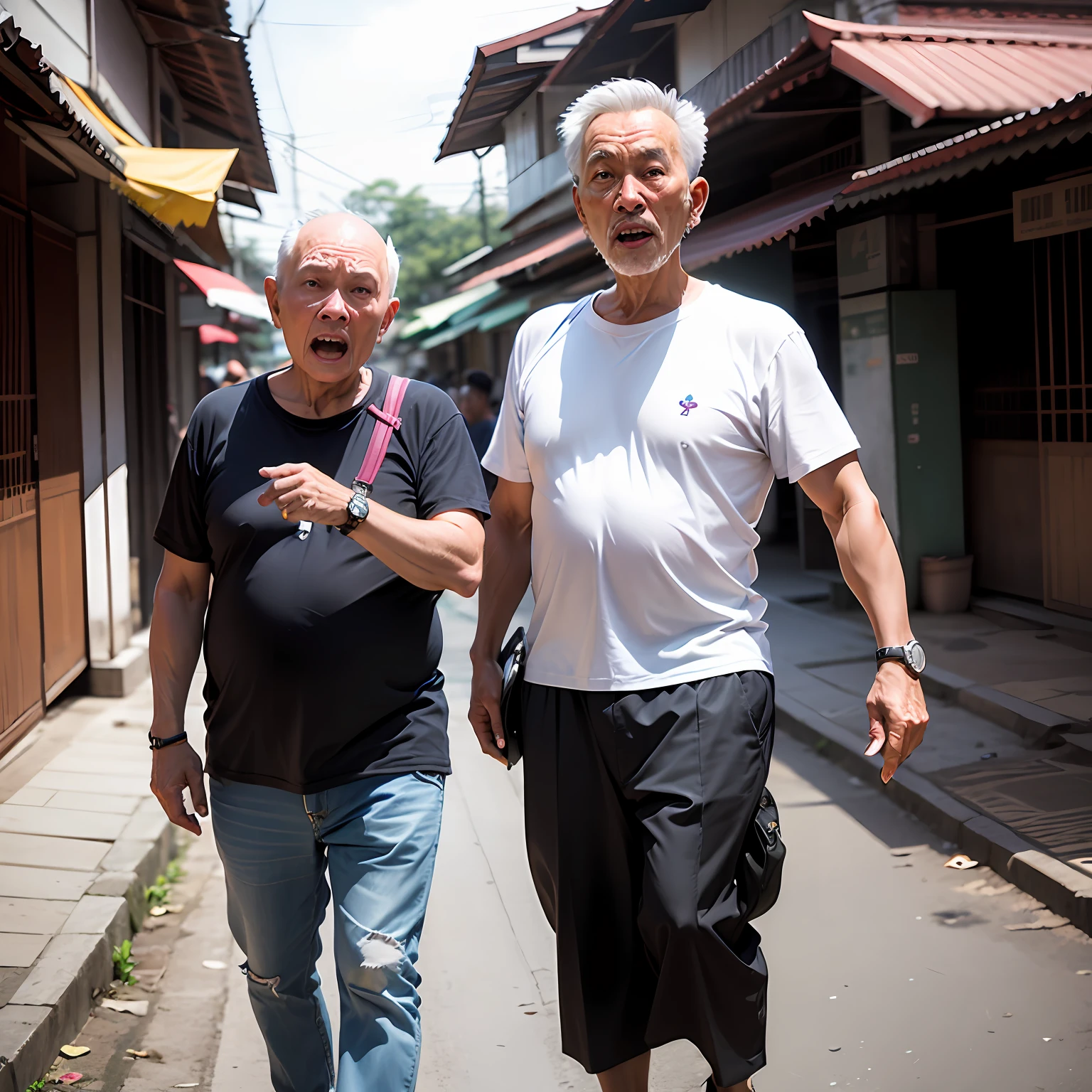 Tourist from Russia 50 years old, standing on a street in Thailand. He's surprised. Looks, With his mouth open. --auto