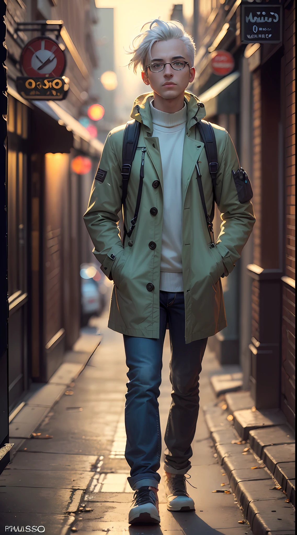 (
(Character: one man, white hair, clean-shaven, slim body)
(Clothing: mint green coat, glasses, explorer backpack)
(Pose: full body shot:1.7)
(Background: dark alley at night:1.3, intense urban lights in background, mint green color scheme)
(Style: ((masterpiece:1.5)), (face detailed), photo-realistic:1.3, hyperrealistic, film grain, realistic lighting, backlighting:1.3),(sfw)
)