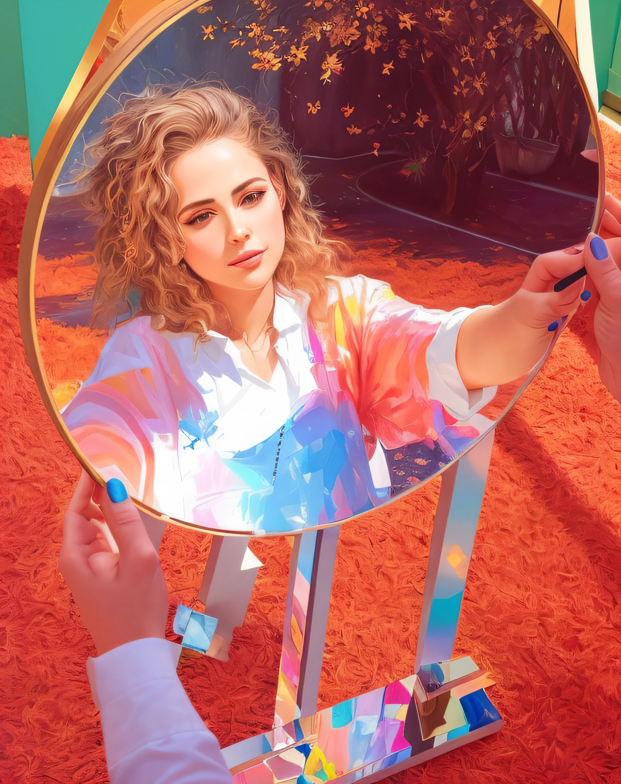 There's a woman holding a mirror and pointing at it, Olhando no espelho, Olhar no espelho, foto retrato, Olhar no espelho, com um espelho, solo portrait 🎨🖌️, Olhar no espelho, cabelos loiros cacheados | d & d, photo shoot, hyper real acrylic painting, admiring her own reflection, retrato de alta qualidade, Album art, cores de outono, mulher artista