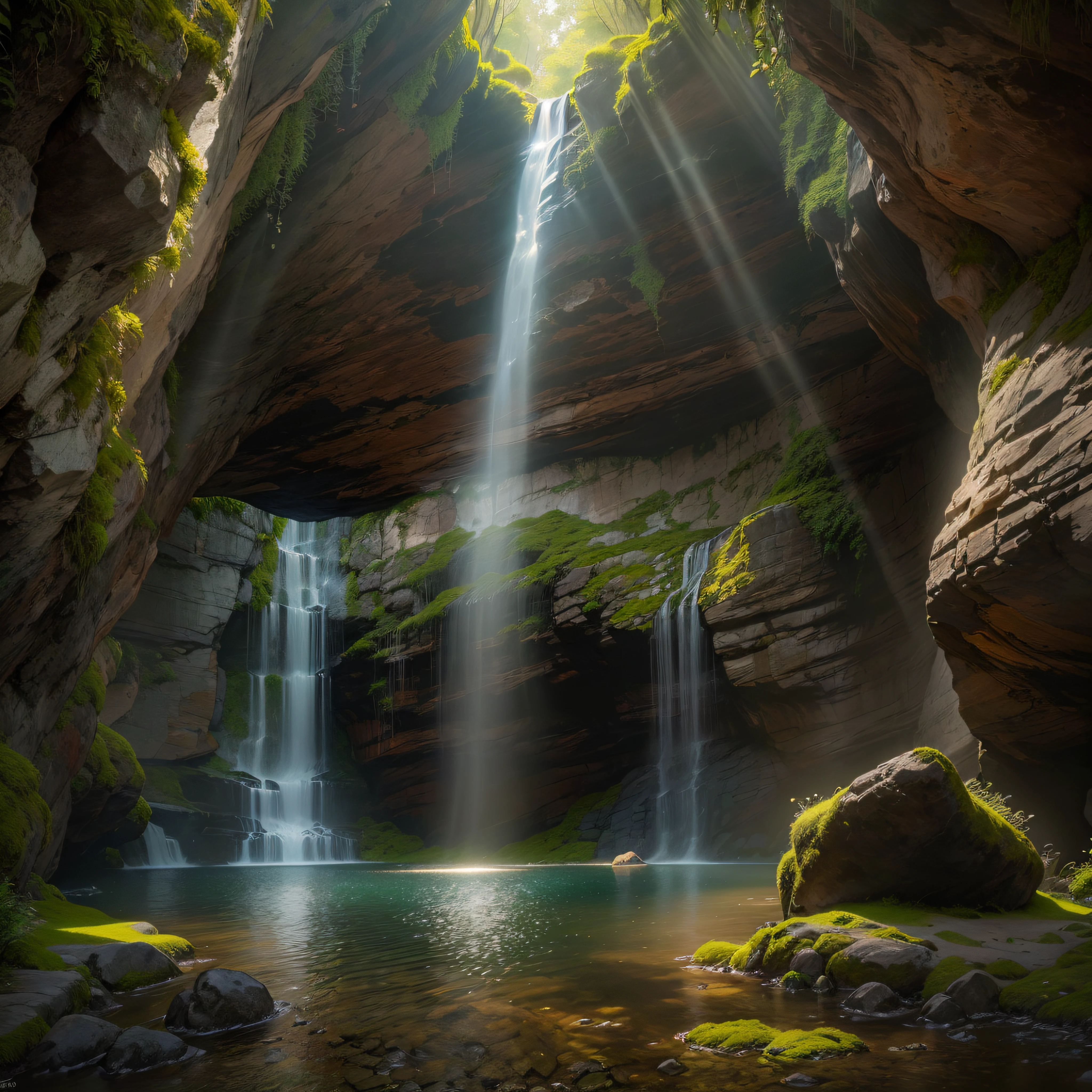 ((best quality)), ((masterpiece)),(realistic), (detailed)(Wide-angle view), (serene),(tranquil), open cave , (sparkling, crystal-clear) water falling from a (tall, jagged) waterfall, Natural, Scenic, Refreshing, Calming, Mystical, Magical, (harmonious, earthy color palette),  (smooth, curved lines), (moss-covered rocks), (soft, natural carpet), (sunlight filtering through), (god rays), (sparkling patterns on the cave walls), (majestic and powerful waterfall), (misty atmosphere), detailed background, (lush, green foliage), (birds and insects), morning, Realistic, detailed, (texture and natural beauty), depth and perspective,  insanely detailed,  , ((masterpiece)), absurdres, HDR,