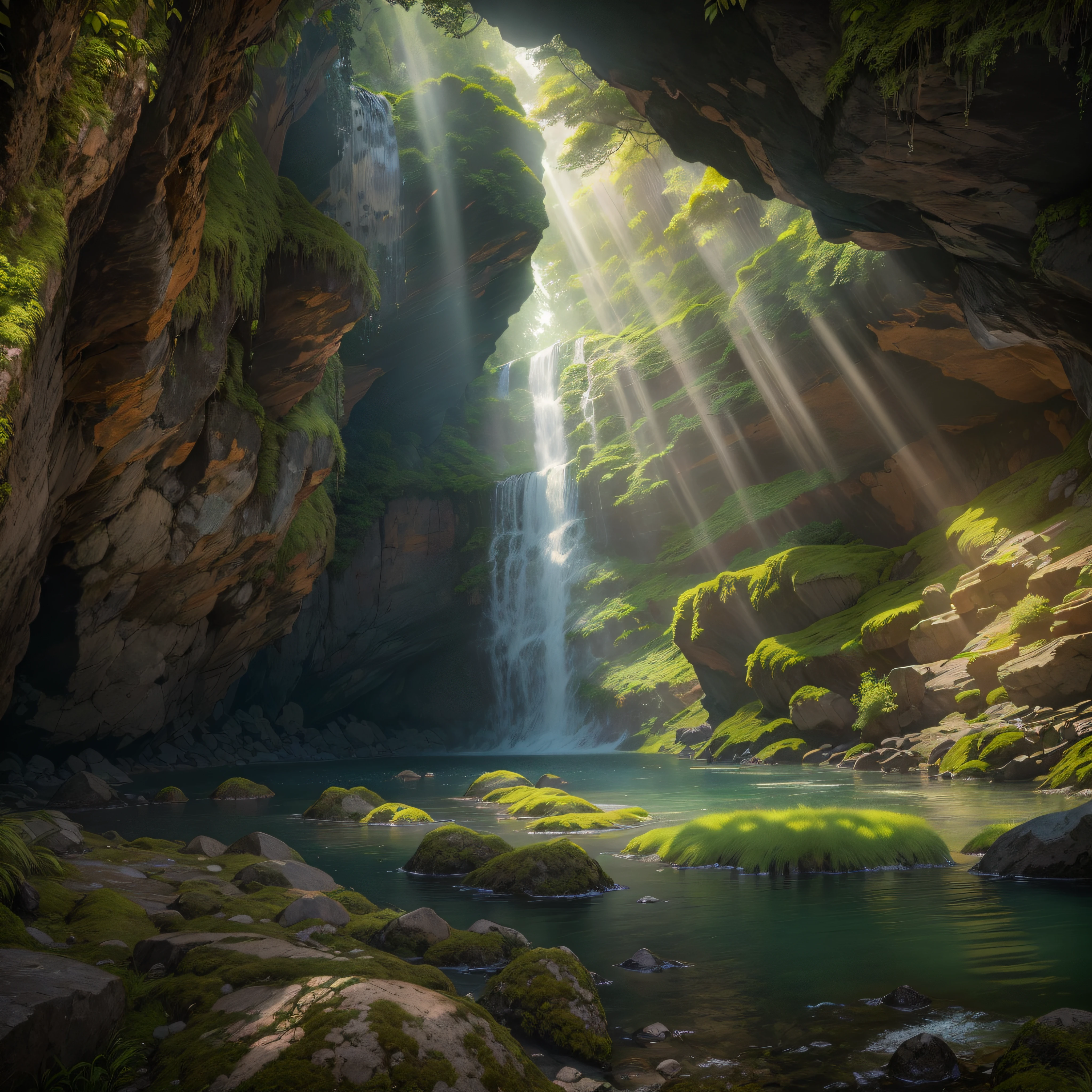 ((best quality)), ((masterpiece)),(realistic), (detailed)(Wide-angle view), (serene),(tranquil), open cave , (sparkling, crystal-clear) water falling from a (tall, jagged) waterfall, Natural, Scenic, Refreshing, Calming, Mystical, Magical, (harmonious, earthy color palette), (smooth, curved lines), (moss-covered rocks), (soft, natural carpet), (sunlight filtering through), (god rays), (sparkling patterns on the cave walls), (majestic and powerful waterfall), (misty atmosphere), detailed background, (lush, green foliage), (birds and insects), morning, Realistic, detailed, (texture and natural beauty), depth and perspective, insanely detailed, , ((masterpiece)), absurdres, HDR,
