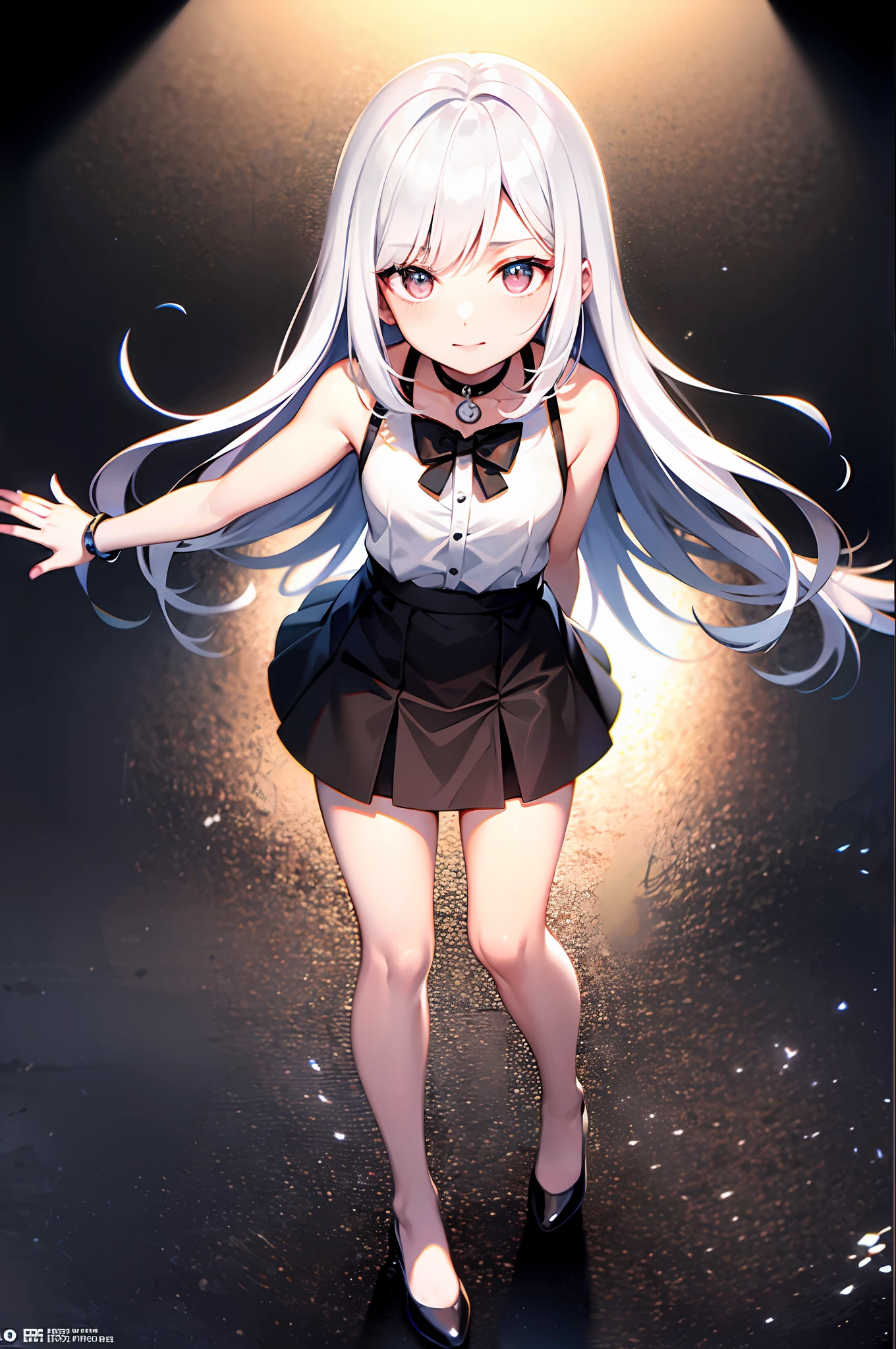 best quality, ultra high res, 1girl, sleeveless white button shirt, black skirt, black choker, cute, (Kpop idol), (aegyo sal:1), (platinum blonde hair:1), ((puffy eyes)), looking at viewer, full body, facing front