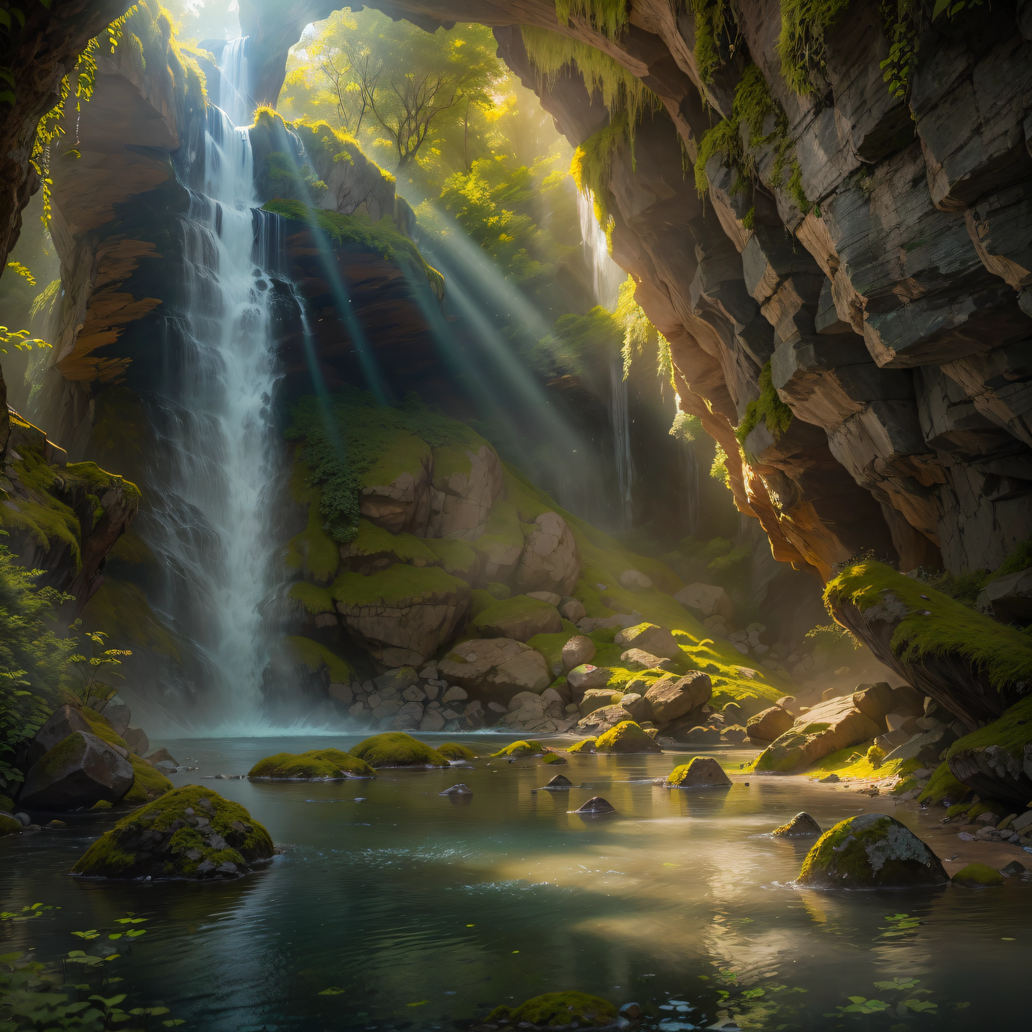 ((best quality)), ((masterpiece)),(realistic), (detailed)(Wide-angle view), (serene),(tranquil), open cave , (sparkling, crystal-clear) water falling from a (tall, jagged) waterfall, Natural, Scenic, Refreshing, Calming, Mystical, Magical, (harmonious, earthy color palette), (smooth, curved lines), (moss-covered rocks), (soft, natural carpet), (sunlight filtering through), (god rays), (sparkling patterns on the cave walls), (majestic and powerful waterfall), (misty atmosphere), detailed background, (lush, green foliage), (birds and insects), morning, Realistic, detailed, (texture and natural beauty), depth and perspective, insanely detailed, , ((masterpiece)), absurdres, HDR,