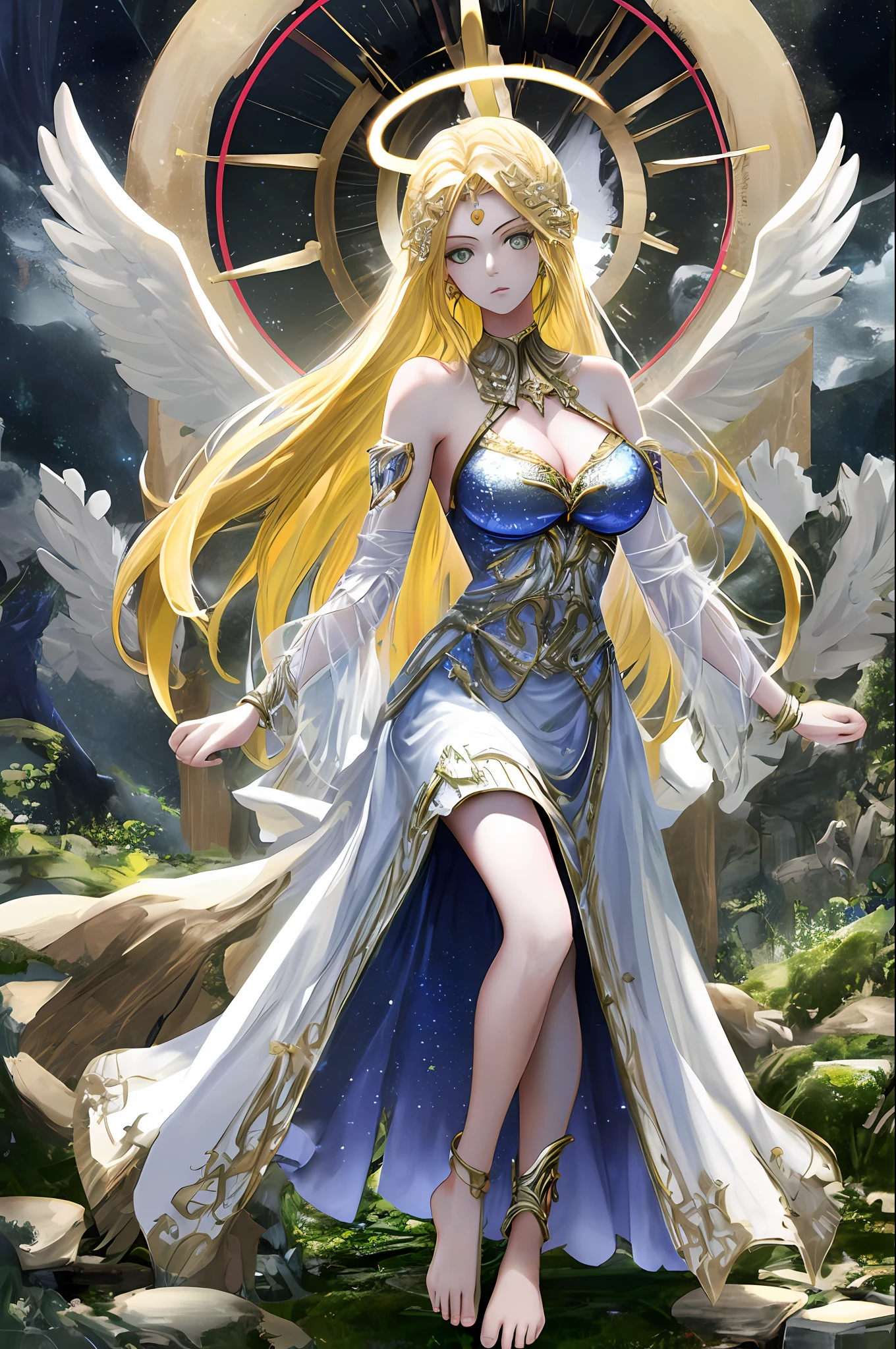 （（best qualtiy））， （（tmasterpiece））， （（Realistis））， portrait
1 girl， Um ser celestial， Deities， goddes， light particules， The halo， looking at viewert， The barefoot， bare arm， naked leg， exposed bare shoulders， Chest tube parietal，Big breasts blonde