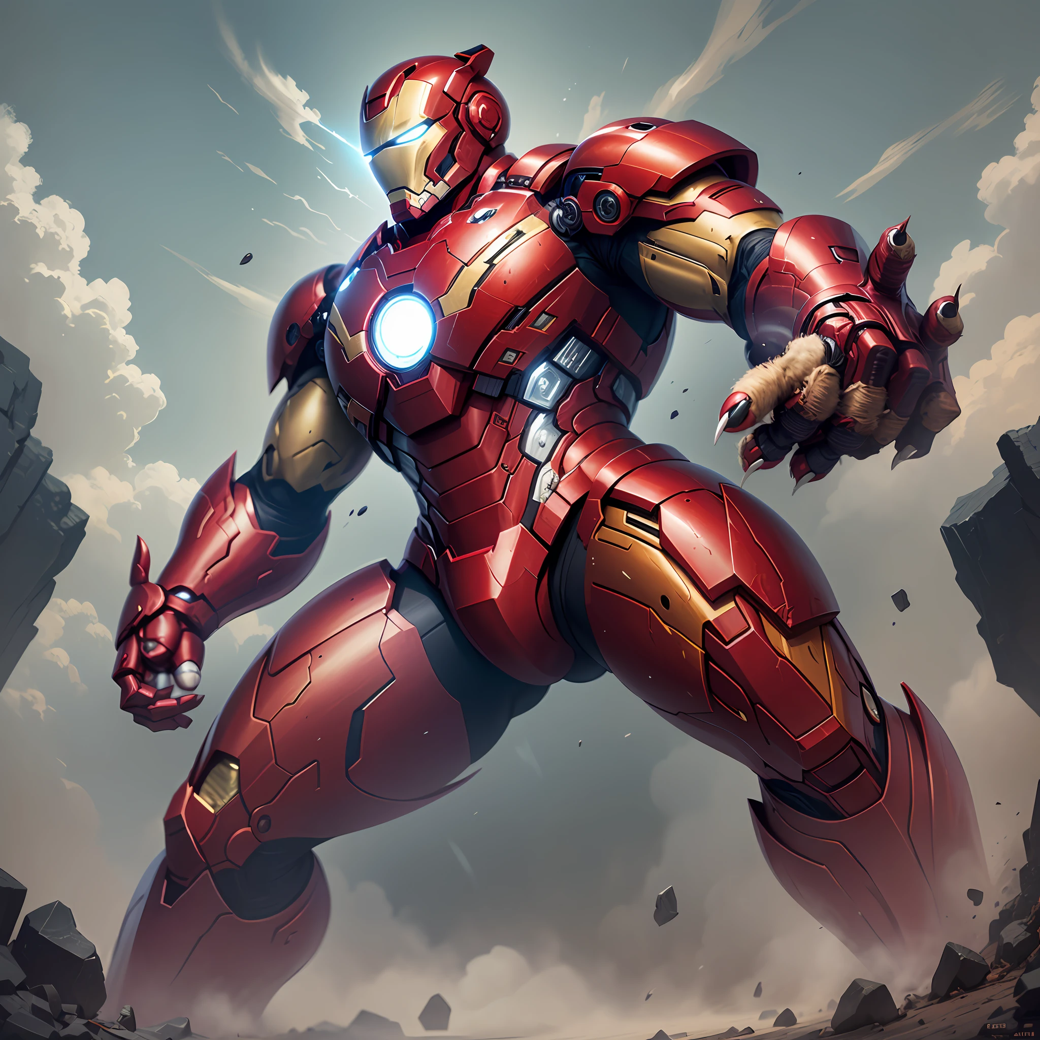 masterpiece, best quality, ultradetailed, wallpaper, big tiger in the body of human, tiger head, strong body, claws, fang, full body, damaged iron man suits, gray and red iron man suits color ratio 16:9 --auto --s2